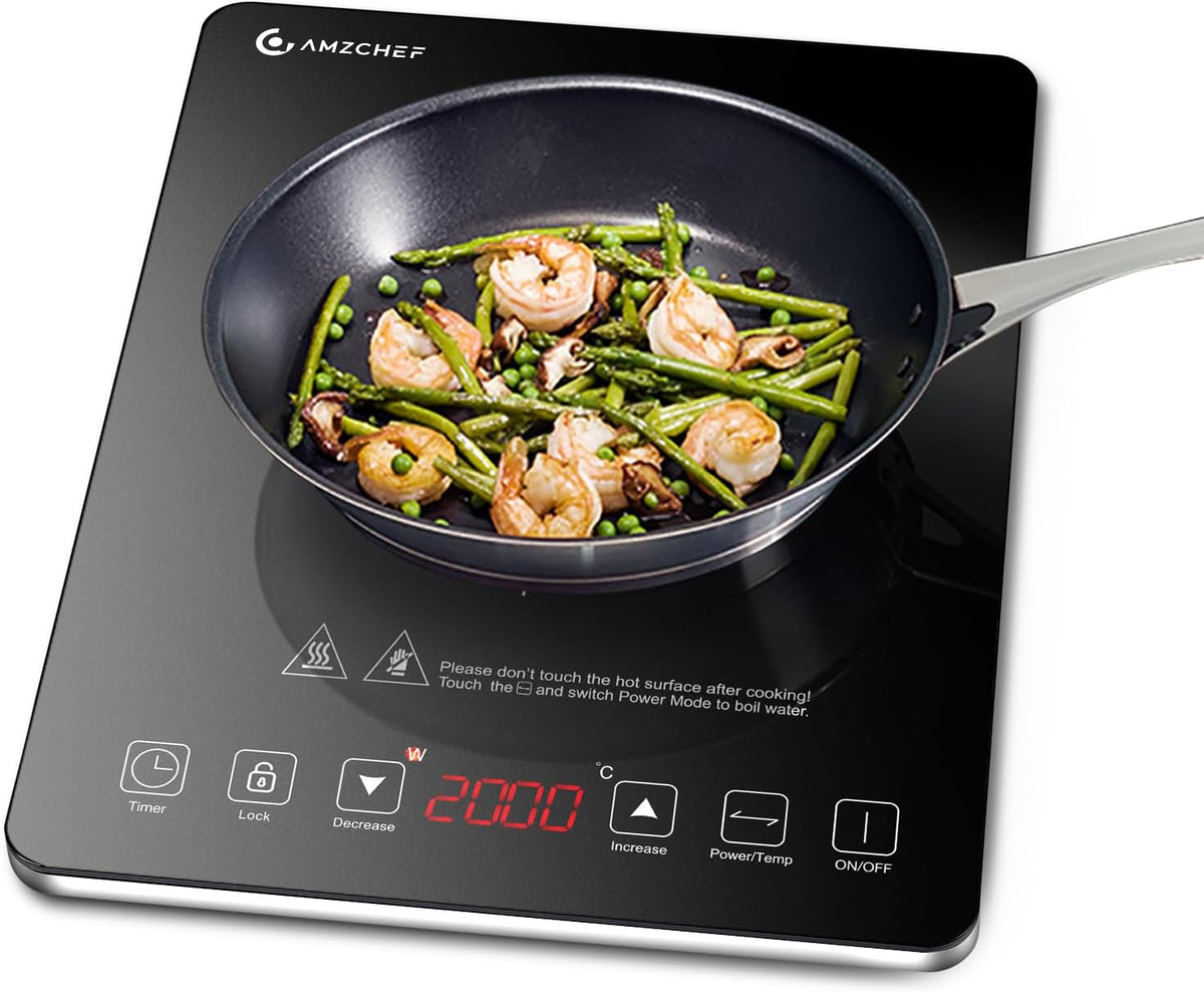 AMZCHEF Single Induction Cooker, Ultra-thin Induction Hob with Fashion Look, 20-level Power and Temperature Control, Black Frosted Glass Panel, Touch Sensor, 3-hour Timer, Safety Lock