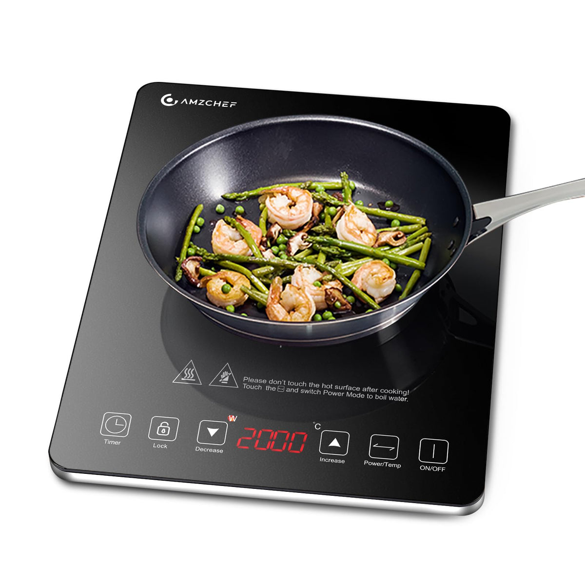 AMZCHEF Single Induction Cooker, Ultra-thin Induction Hob with Fashion Look, 20-level Power and Temperature Control, Black Frosted Glass Panel, Touch Sensor, 3-hour Timer, Safety Lock