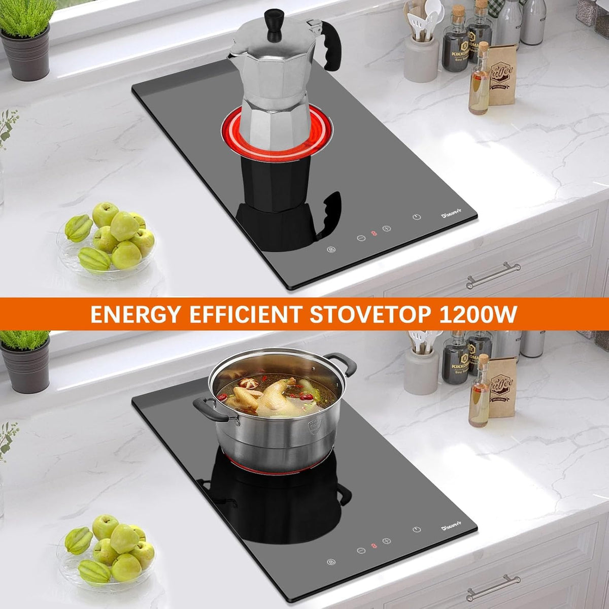 Double Ceramic Hob with Handle, Plug in 2 Ring Electric Hob
