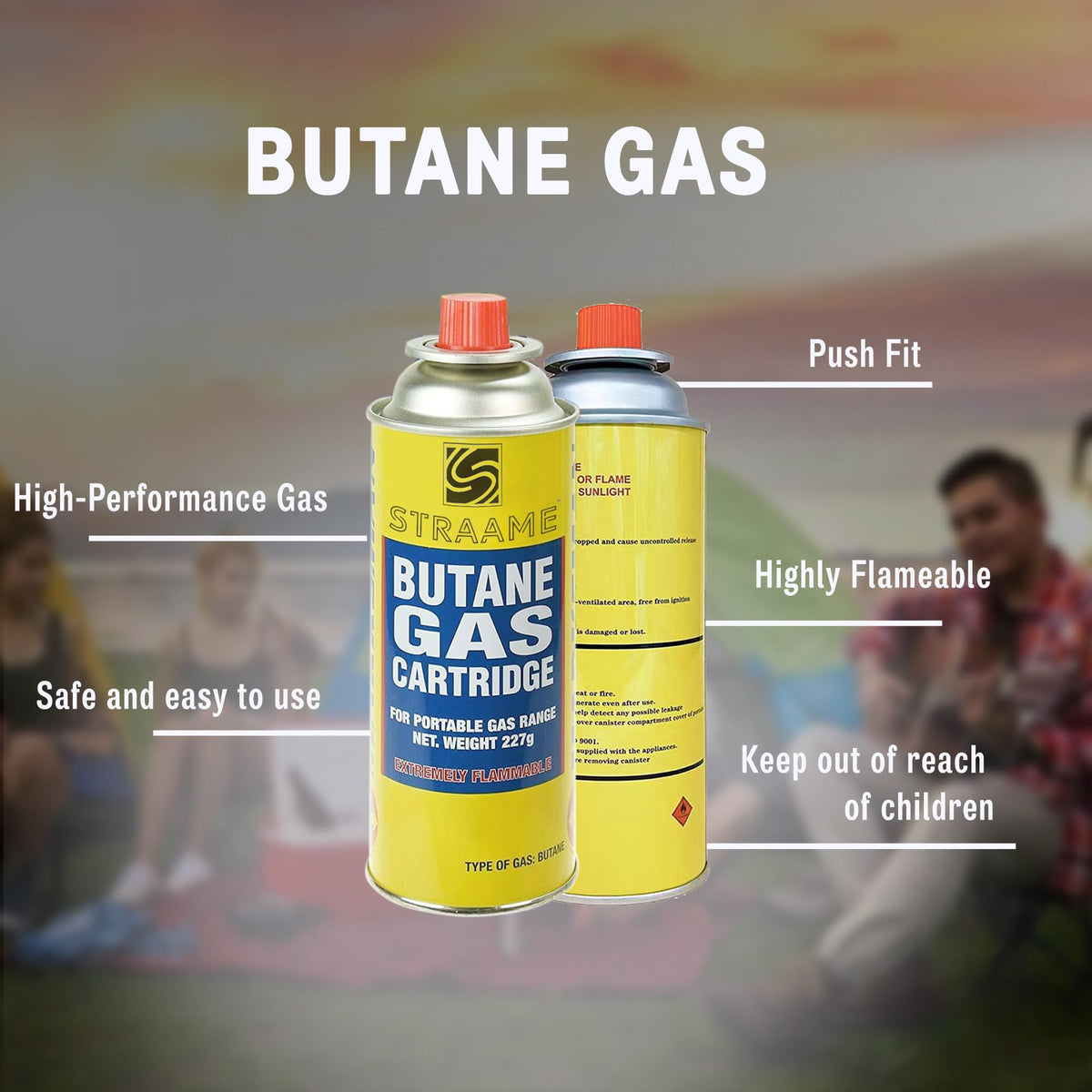 Straame Camping Gas Cartridges 227g, Portable Push-Fit Canisters, Pack of 4