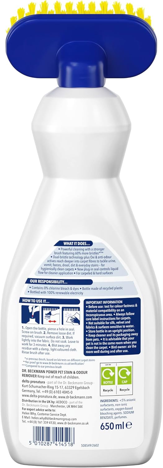 Dr. Beckmann Pet Stain & Odour Remover, Eliminates stains and odours caused by pets, incl. applicator brush, 650 ml