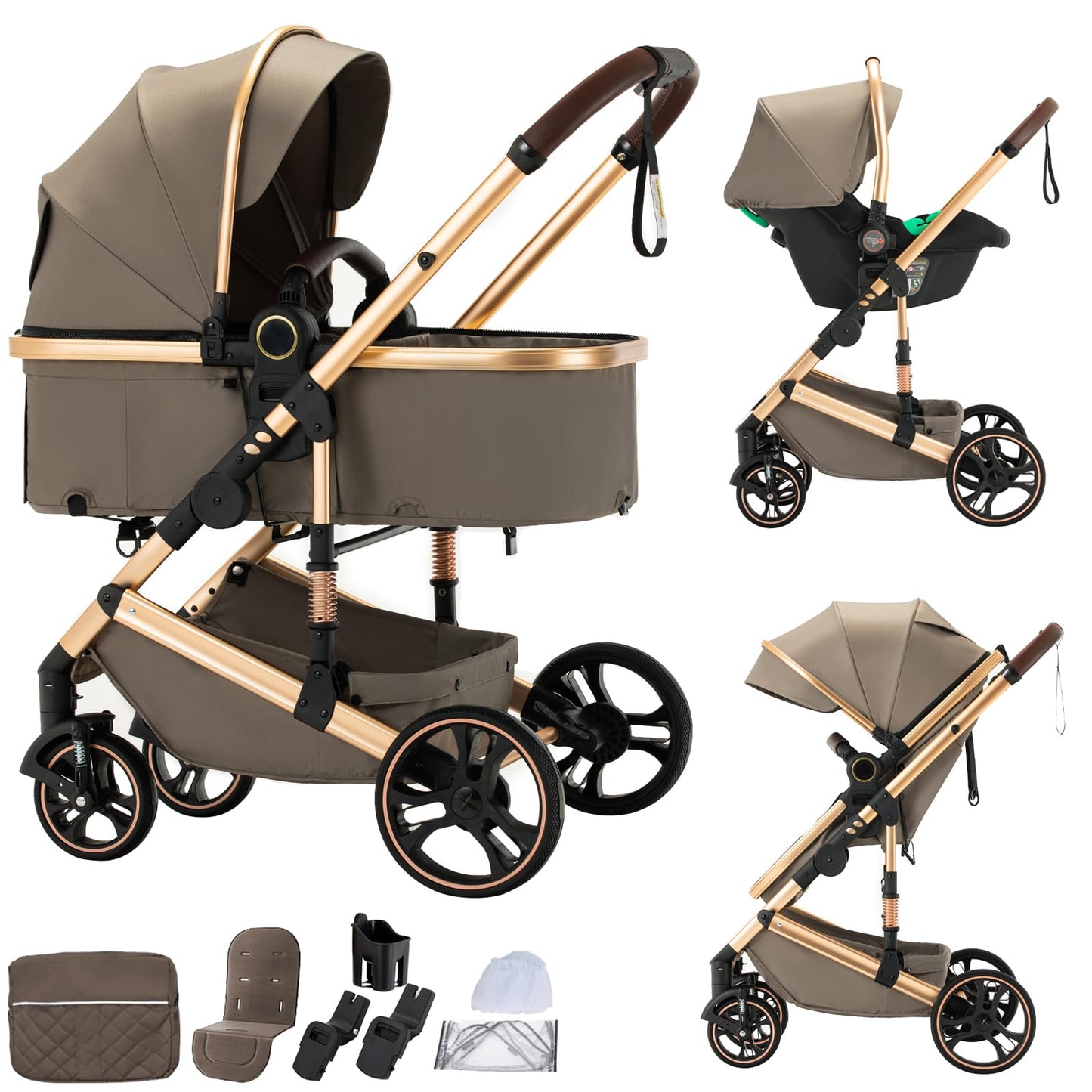 BEBBY Stroller 3-in-1 Baby 3 in 1 with Seat with Foldable Aluminium Frame, Compact Stroller with Adjustable Armrests, Combined Strollers,High Landscape Travel Pushchair (gen-H9-PINK, H9)