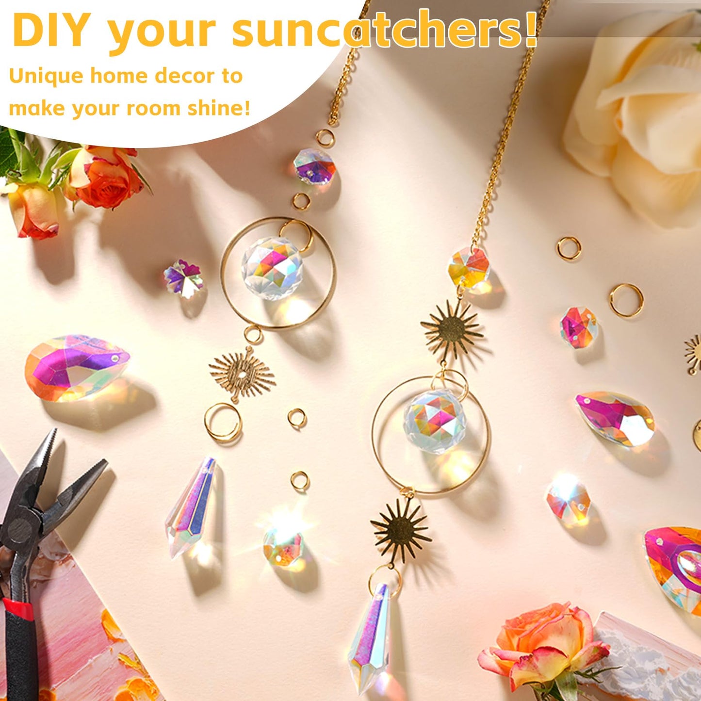 240PCS DIY Sun Catchers Making Kits for Adults, Crystal Suncatchers Kit with Colourful Prism Pearl Rainbow Maker for Windows, Hanging, Indoor, Outdoor, Garden Decor (Silver)