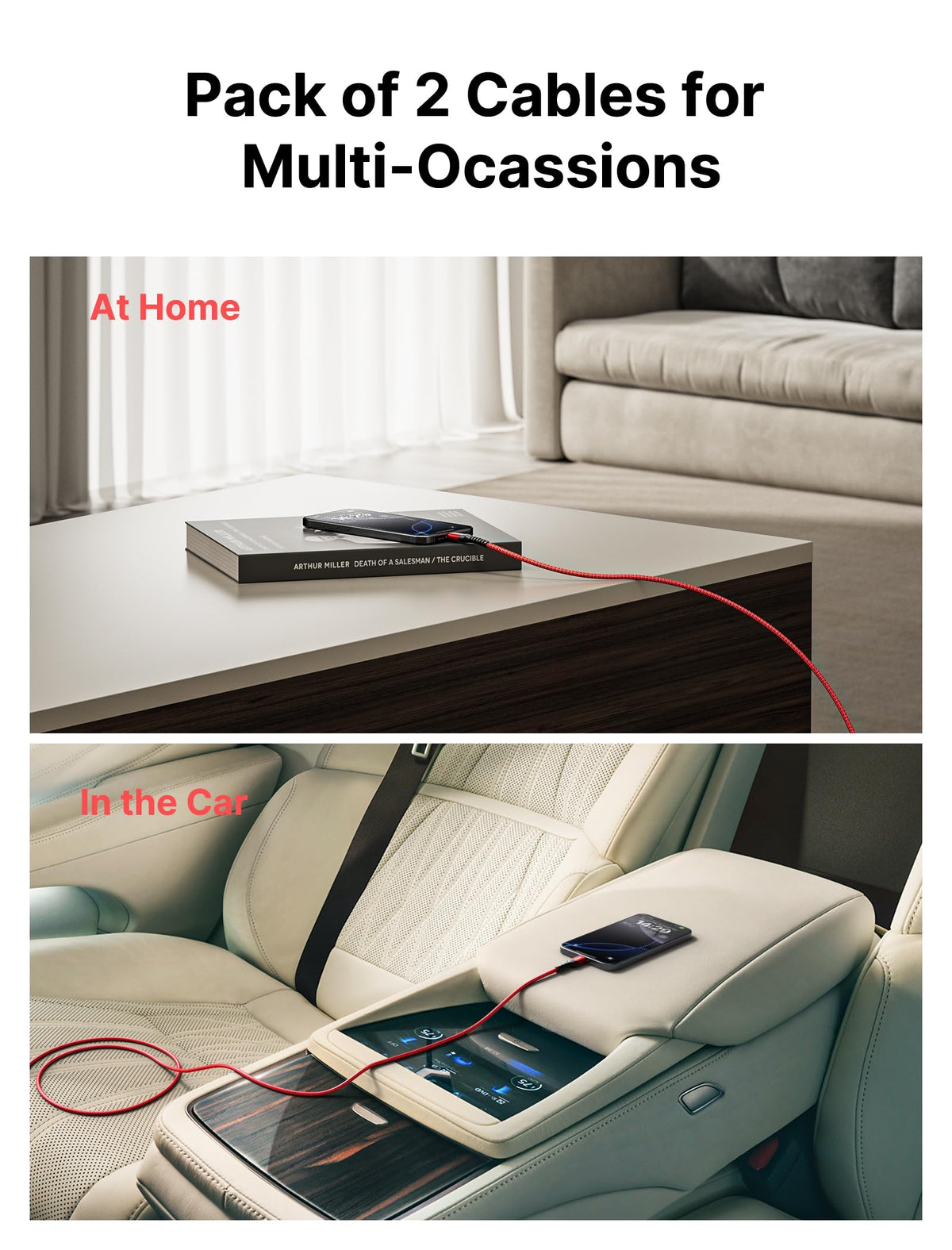 JSAUX USB C Cable for iPhone 18 Pro Carplay, Samsung Galaxy, 2m 2-Pack, Red