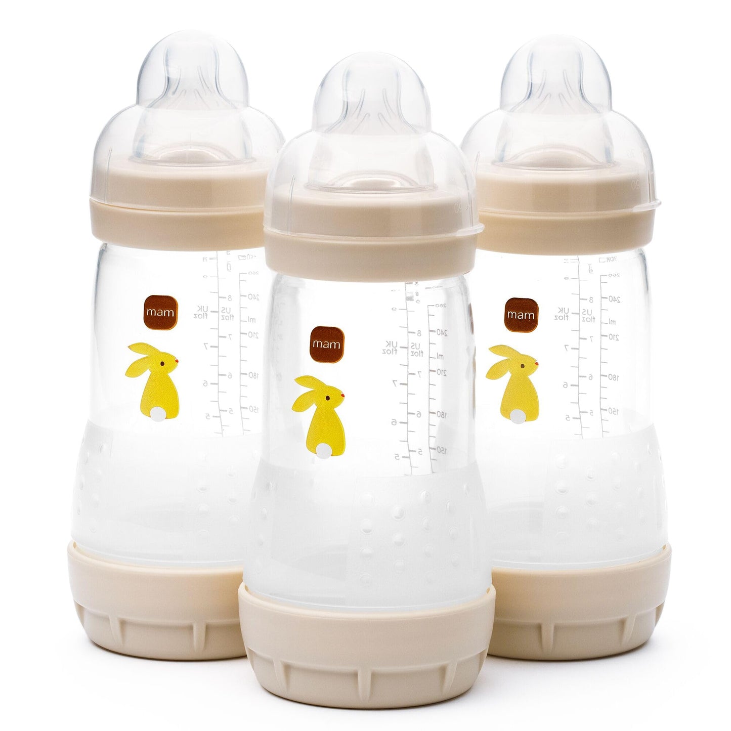 MAM Easy Start Anti-Colic Baby Bottles | 4 Pack (4X 260ml) | Self-Sterilising Baby Milk Bottle | Medium Flow MAM Teats Size 2 + 1x Fast Flow Teat Size 3 | Powder Blue (Various Designs)