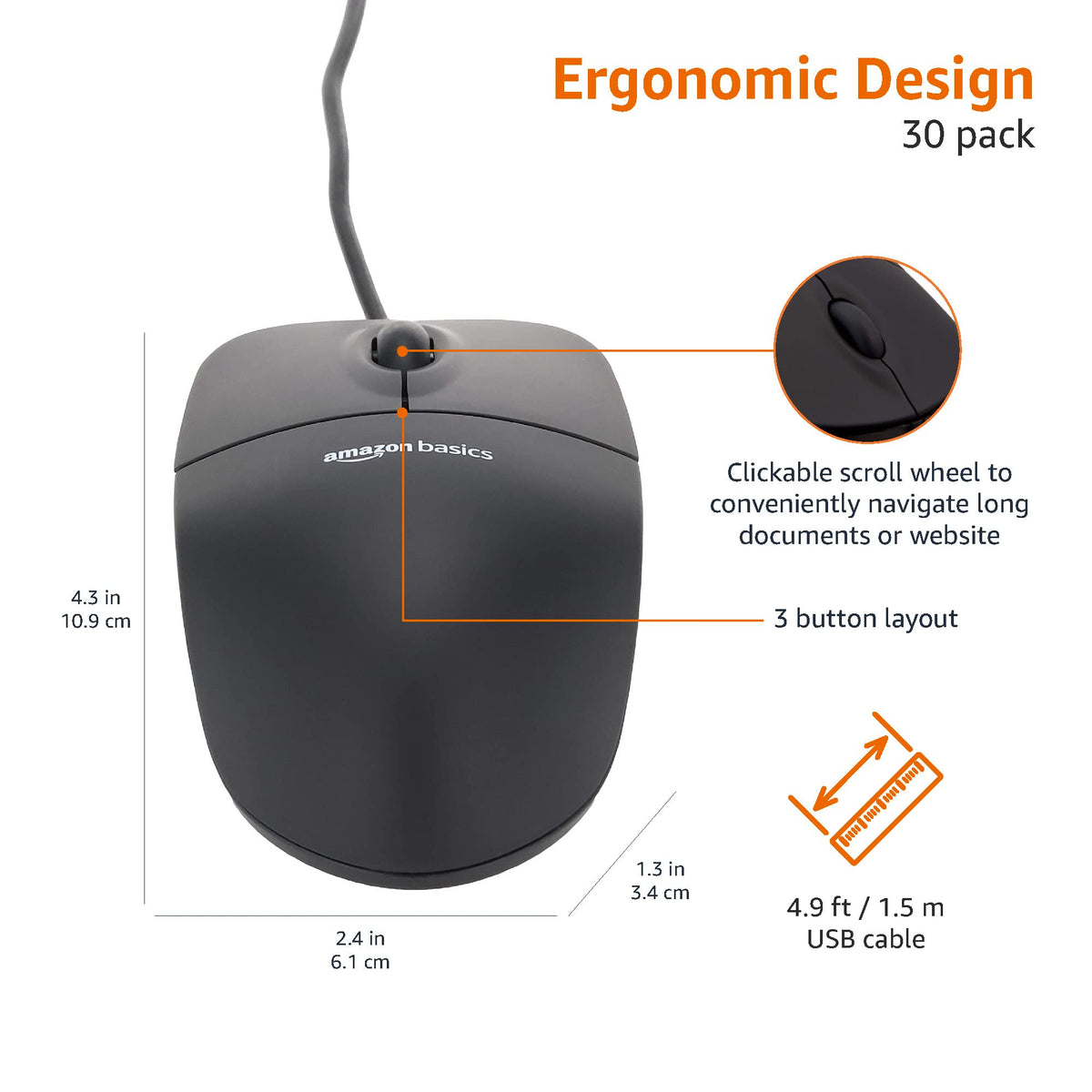 Amazon Basics Responsive and Precise 3-Button Wired USB Computer Mouse with Scrolling and Tracking, Single, Black