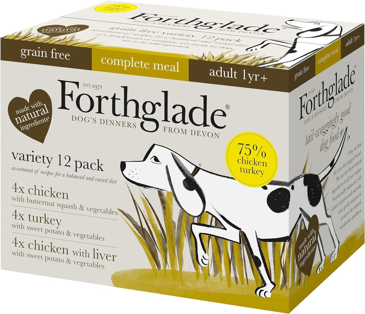 Forthglade Wet Dog Food Variety Pack (12 x 395g Trays) - Grain Free & Hypoallergenic Dog Food, Adult 1 Year+, Chicken, Chicken with Liver & Turkey, Vegetables, Stomach Sensitive, Natural Ingredients
