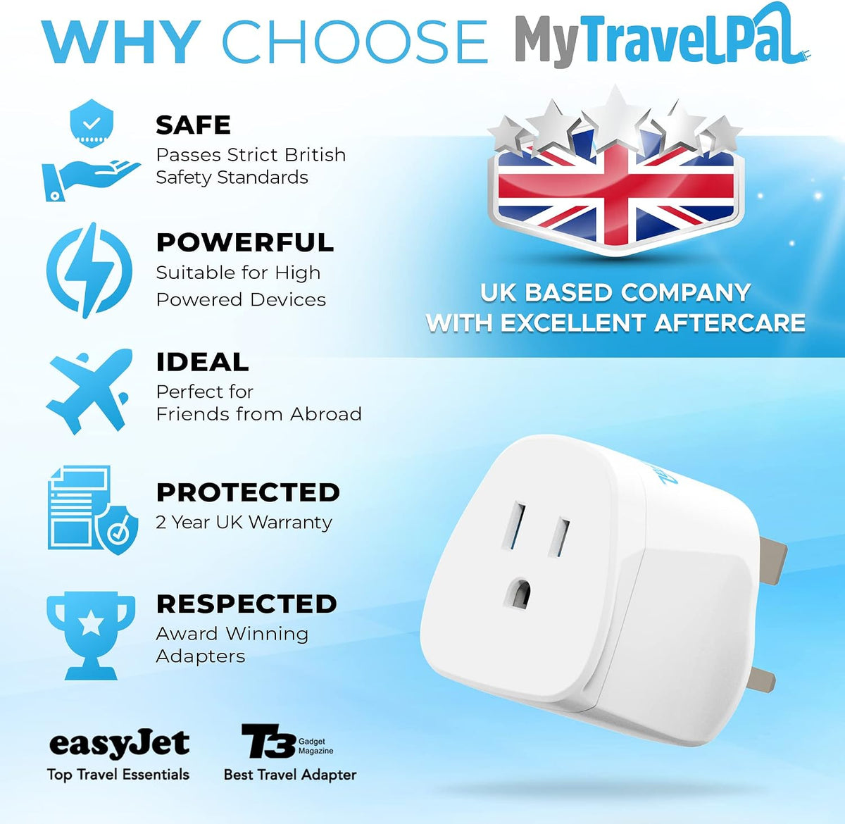 MyTravelPal US to UK Plug Adapter | UK Safety Standards | Grounded Type A/B