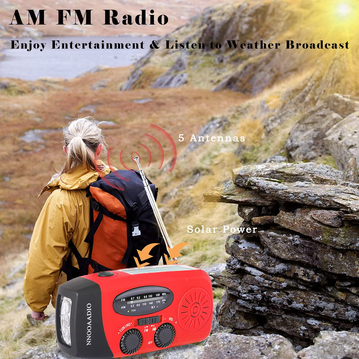 NNOOAADIO Wind Up Solar Hand Crank Radio, 2000mAh SOS Alarm for Camping