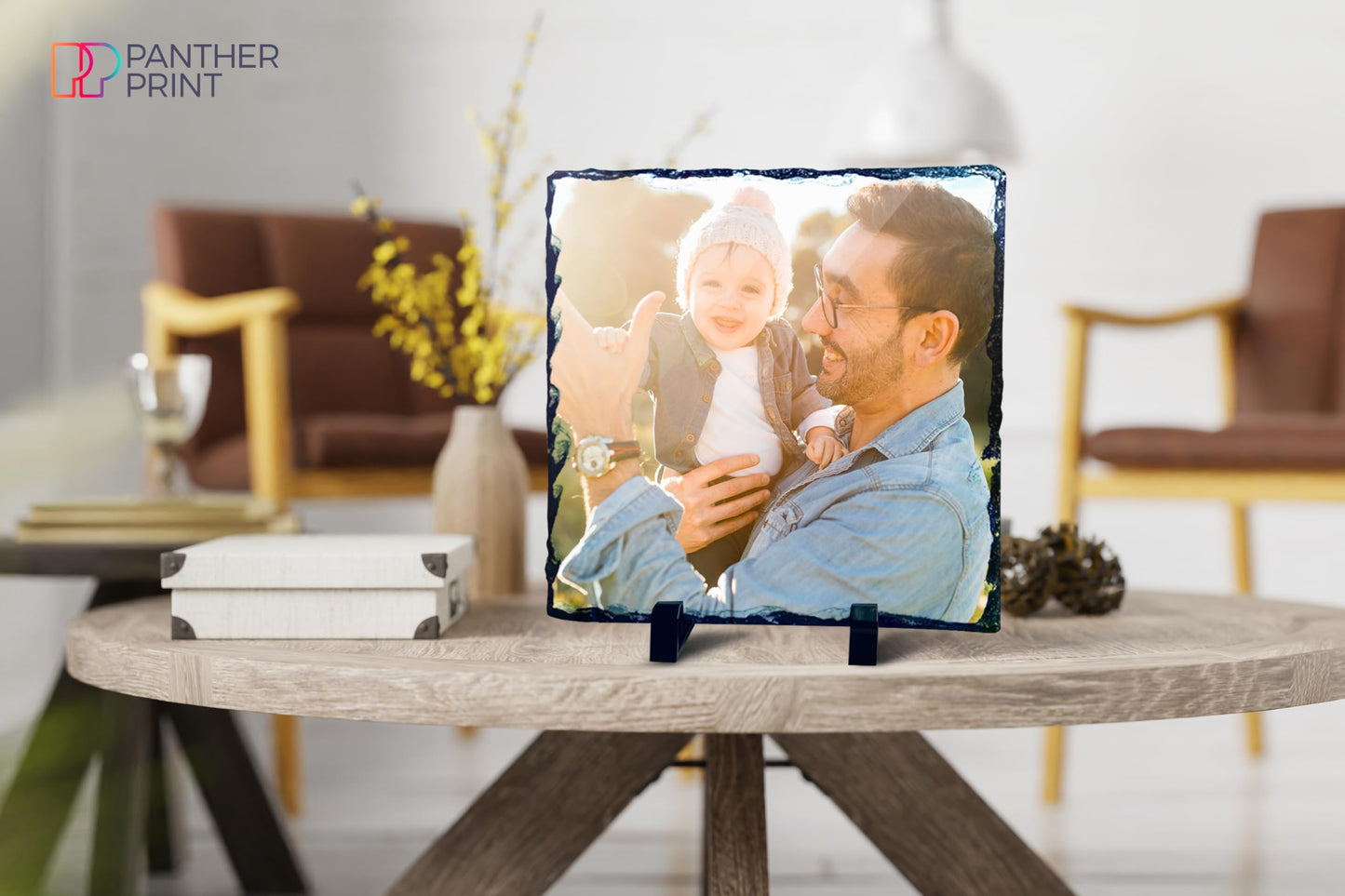Personalised Photo Slate, 20 x 20cm - Square-Shaped Rock Pictures, Glossy Print & Full Colour Finish - Personalised Picture Gifts in Natural Rock With Carved Edges for Home & Office