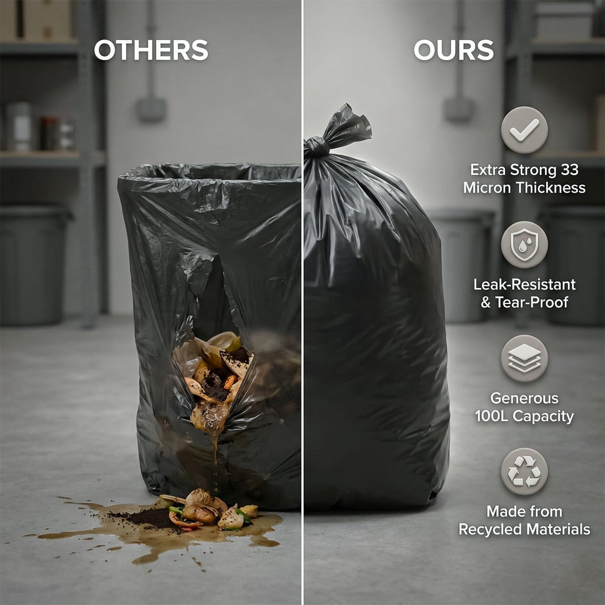Roe Tenpo 100 Pack Heavy Duty Black Bin Bags – 100L, 33 μm Recyclable Refuse Sacks, Leak-Proof Bin Liners – Rubbish Bags for Kitchen, Home, DIY & Garden, Household, Office & Catering