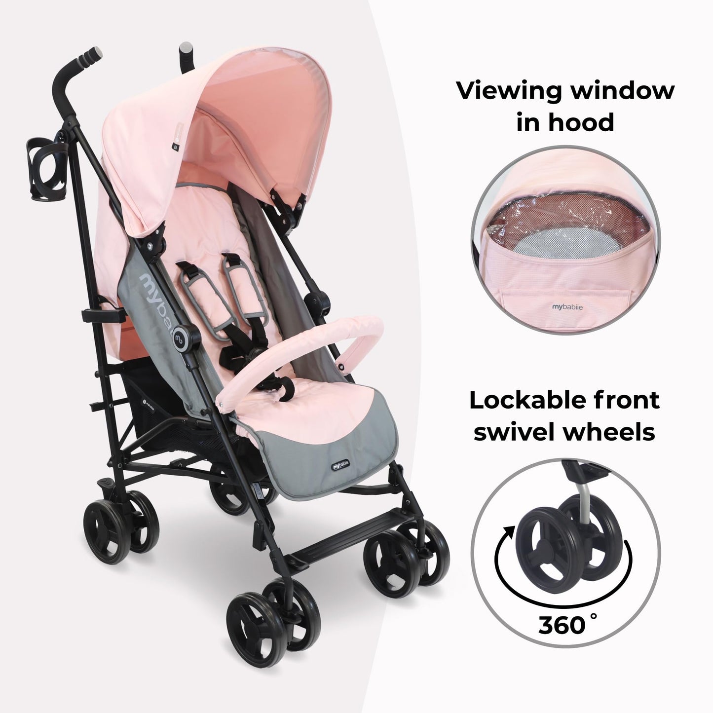 My Babiie MB02 Plus Stroller - from Birth to 4 Years (22kg), Lightweight & Compact Umbrella Fold, Travel Buggy for Toddlers, Pushchair Includes Cup Holder and Rain Cover - Pink & Grey