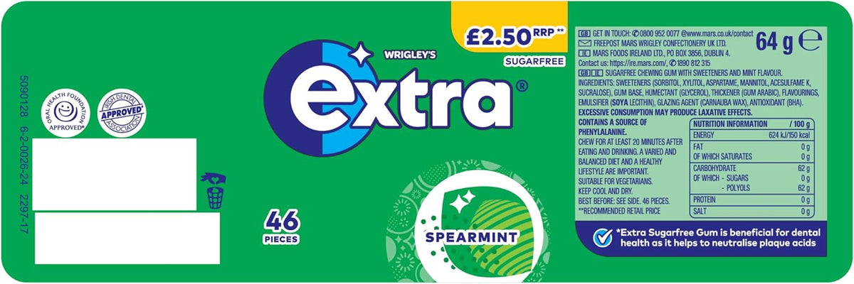 Wrigley's Extra Chewing Gum, Spearmint Flavour, 46 pieces, Sugar Free Chewing Gum Bottle with Xylitol