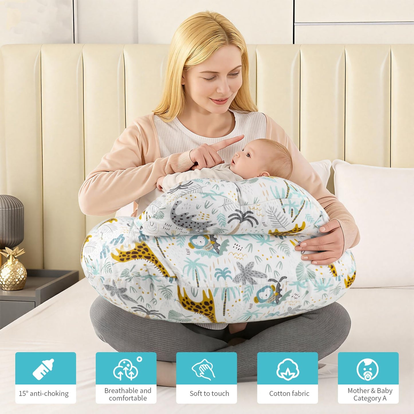 Labtec Nursing Pillow for Breastfeeding Baby, Multifunctional Breast Feeding Pillow with Adjustable Waist Strap and Safety Fence, 100% Cotton Removable Pillowcase, Forest Friends