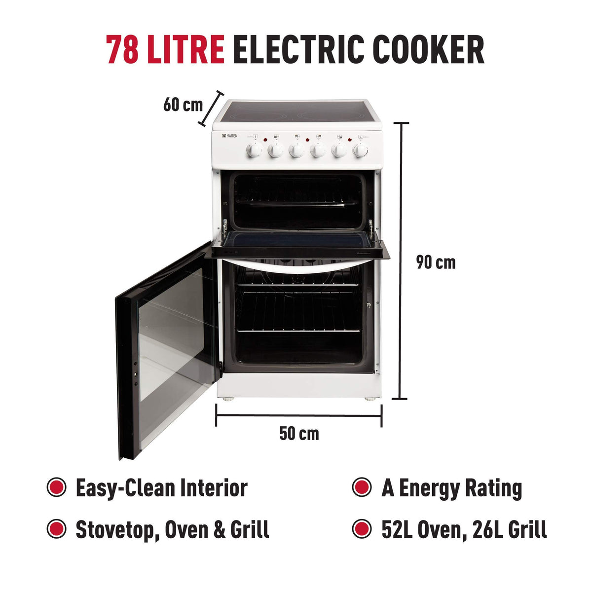 Haden Double Oven 50cm Electric Cooker 4 Zone Ceramic Hob White
