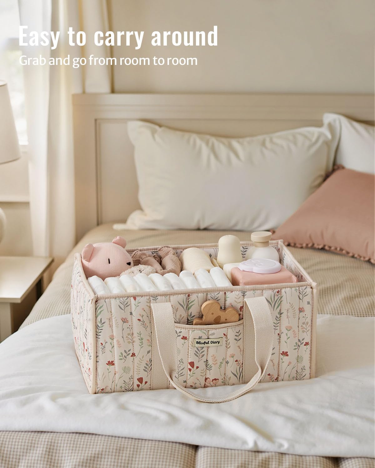 Blissful Diary Nappy Caddy Organiser, Baby Diaper Caddy for Nappy Station, Stylish Storage Basket for Newborn Essentials, Baby Shower Gifts for Girl or Boy, Woodland Cream