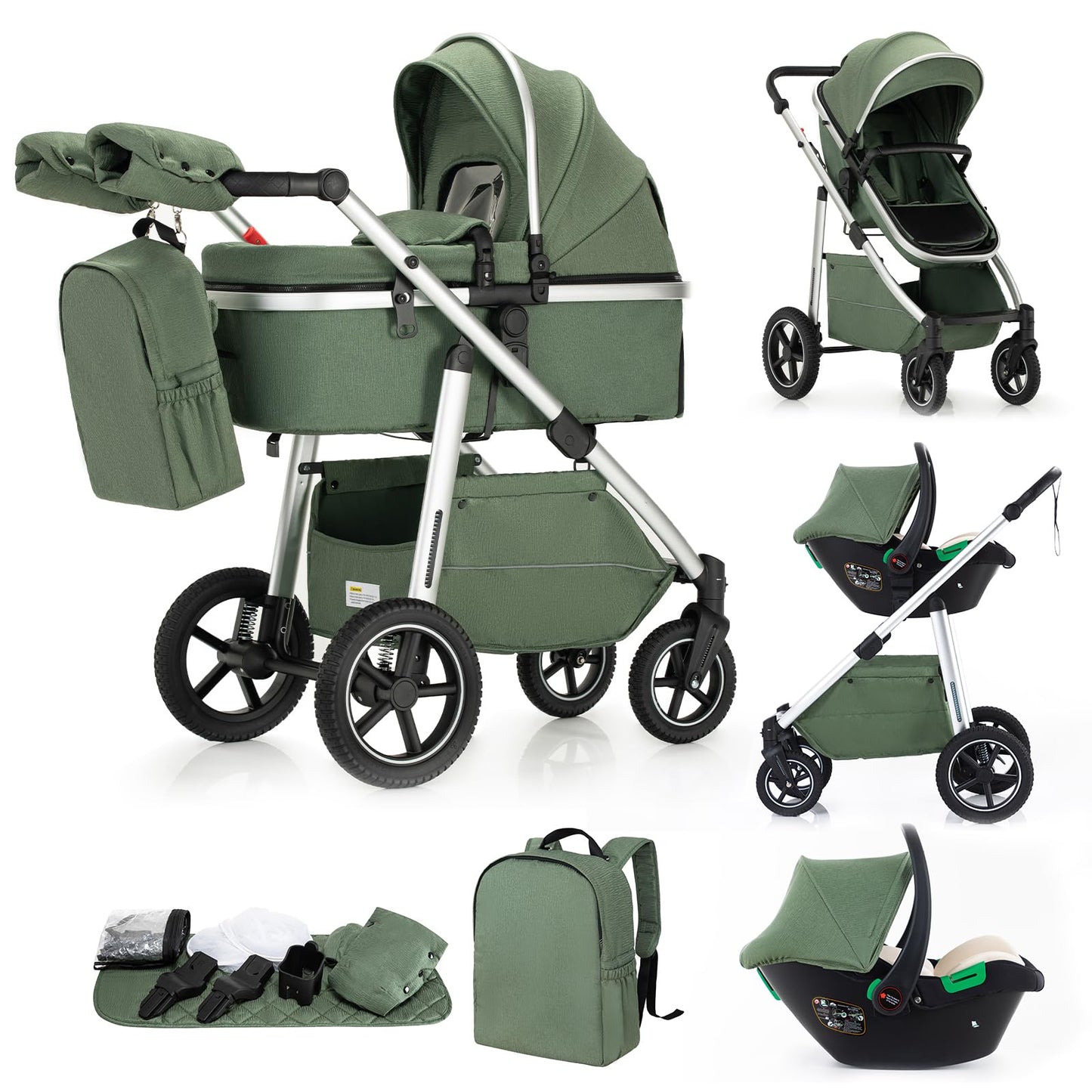 Gcarebb 3 in 1 Prams Travel System, Pushchair with Height Adjustable Handle, Travel Pram with Mosquito Net, Baby Stroller with Aluminum Frame for Newborn 0-4 Years