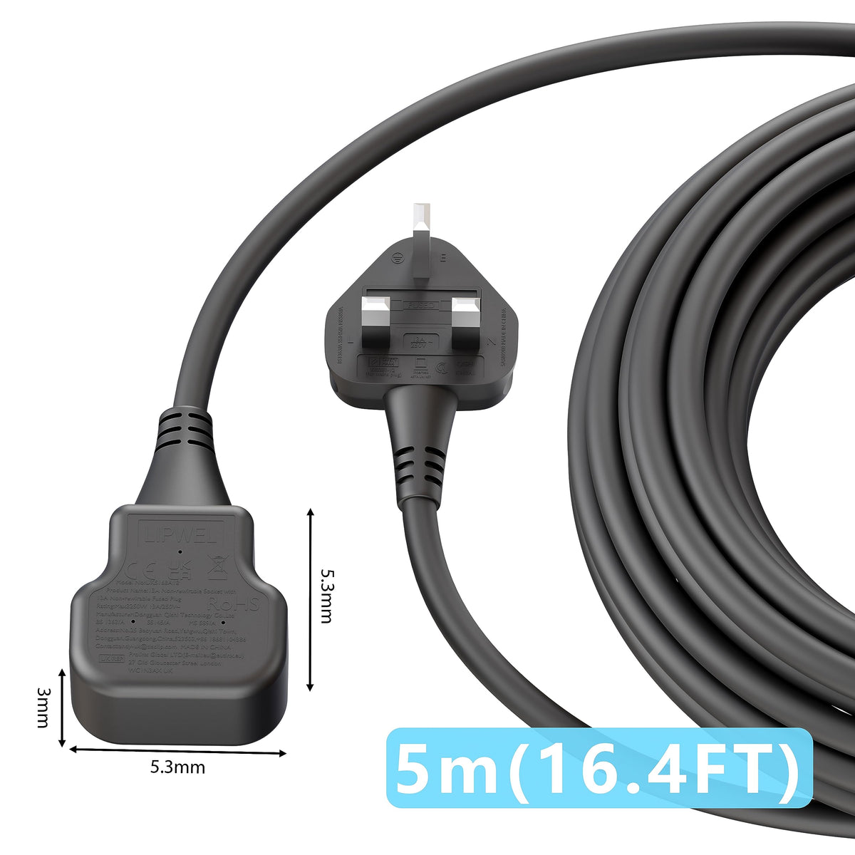 LIPWEL Outdoor Extension Lead 15m Extra Long Cable UK 13A Fused Plug Extension Socket Black 1 Way Socket Outside Using for Garden