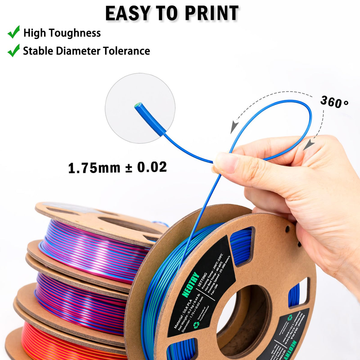Silk Tri Colour PLA Filament 1.75mm 1kg, Multicolor 3D Printer Filament, Filament 3D Printing Materials for Most FDM 3D Printer, Silk PLA Red Yellow Blue, Rainbow PLA Filament 1.75mm ± 0.02