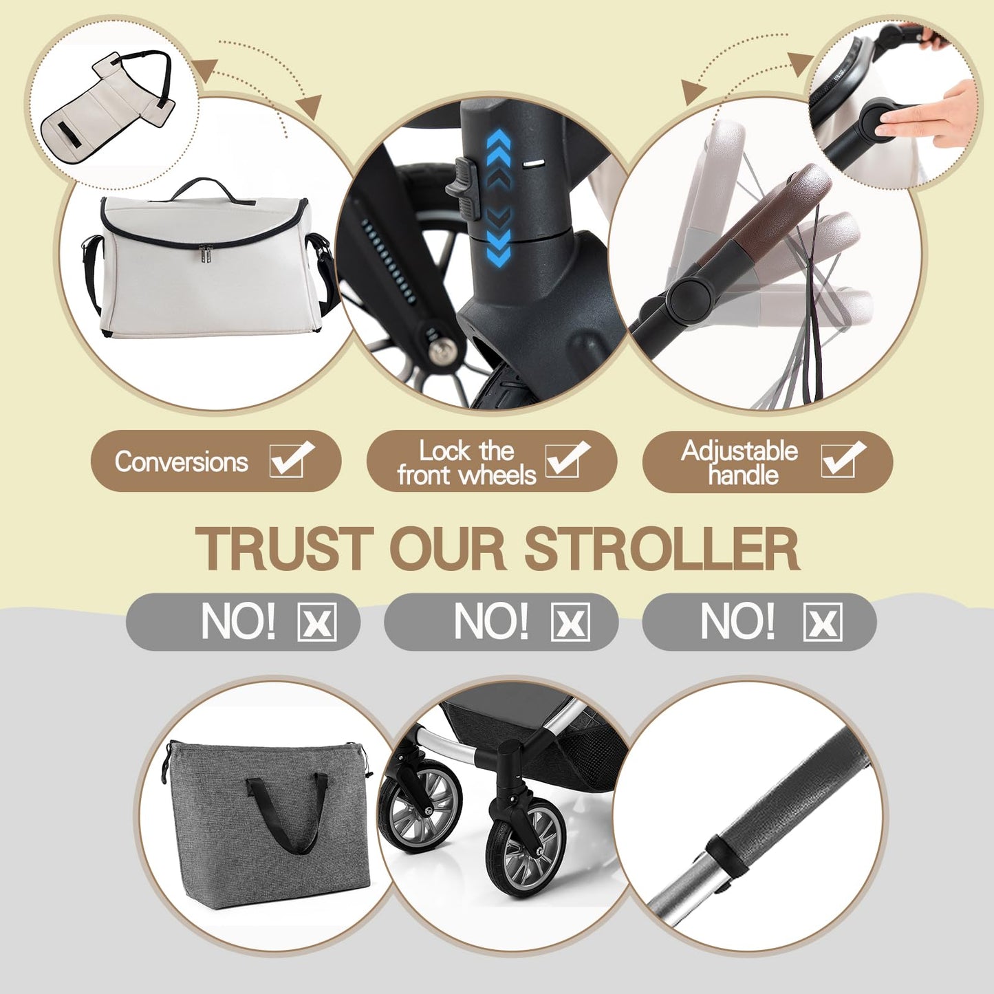 Baby Stroller 3 in 1,Travel Pushchair's Lie-Flat Pram is Foldable, Stroller System Handle is Adjustable, The Wheels are Made of PU Material, Suitable for 0-3 Years-Khaki