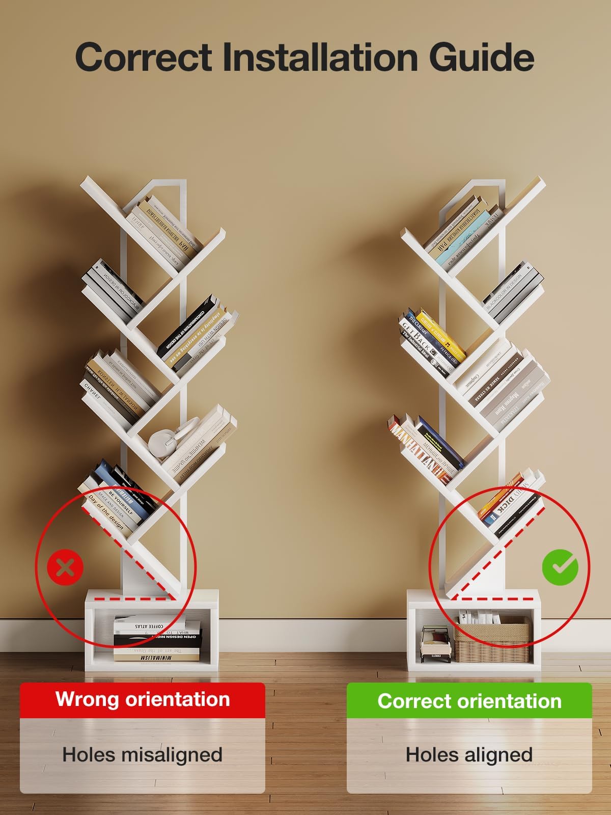 Coleshome Tree Bookshelf, 6-Tier Floor Standing Bookcase, Bookcases suitable for bedrooms and living rooms, Wooden bookshelves suitable for bedrooms and living rooms, White