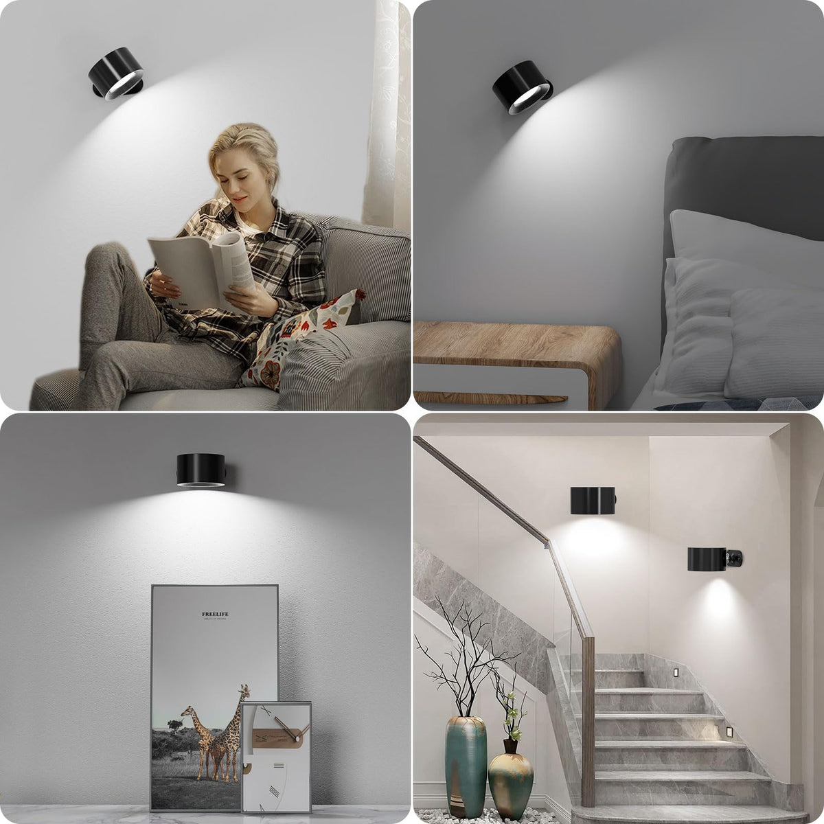 Coollamp LED Battery Operated Wall Lights, 3Pack Wall Lamp with Remote Control 3 Color Modes 3 Brightness Levels 360°Rotate Magnetic, Reading Lights for Living Room Bedroom Black