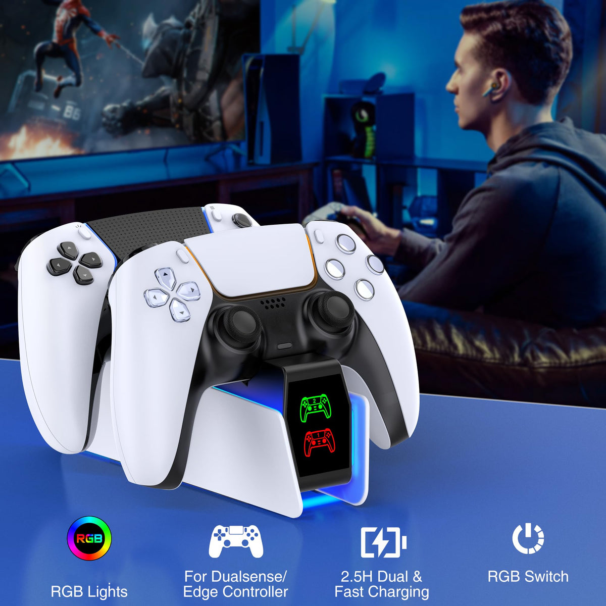 HELLCOOL PS5 Charging Charger for DualSense & Edge, Fast Charge 2 Controllers Simultaneously, Drop&Go No Alignment, LED Indicator with Touch Off, Smart Safety Protection, with 1m USB-C Cable