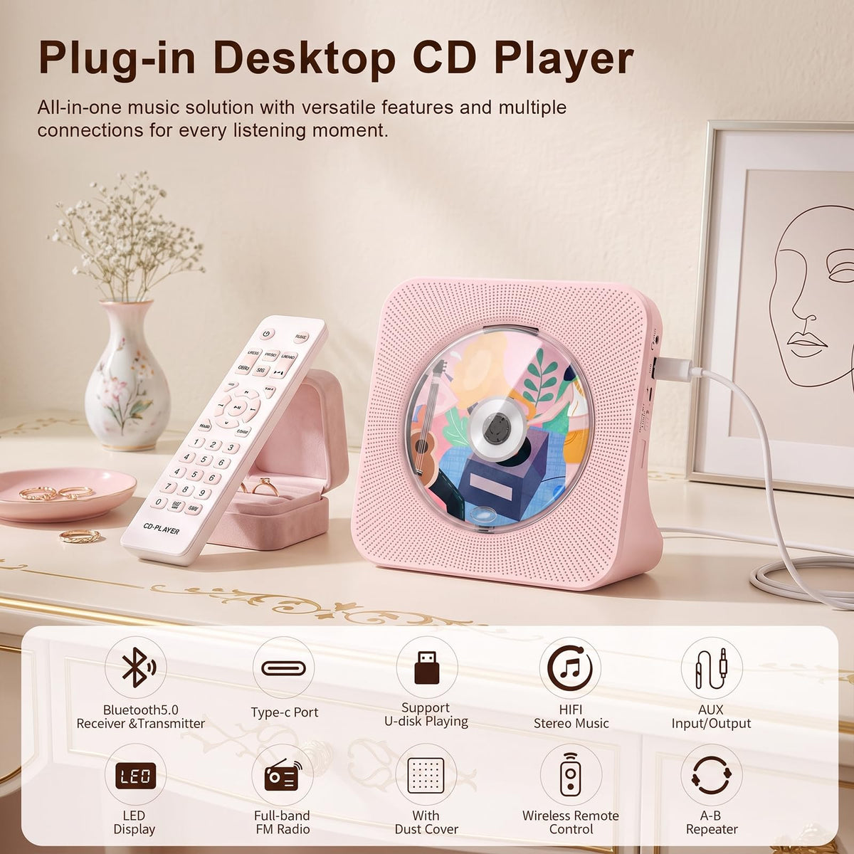 Portable CD Player with Bluetooth, Gueray Desktop CD Players for Home, Bulit-in Double HiFi Speakers, AUX&Headphone Jack, FM Radio Boombox with Remote Control, USB Port,LCD Display (Blue)