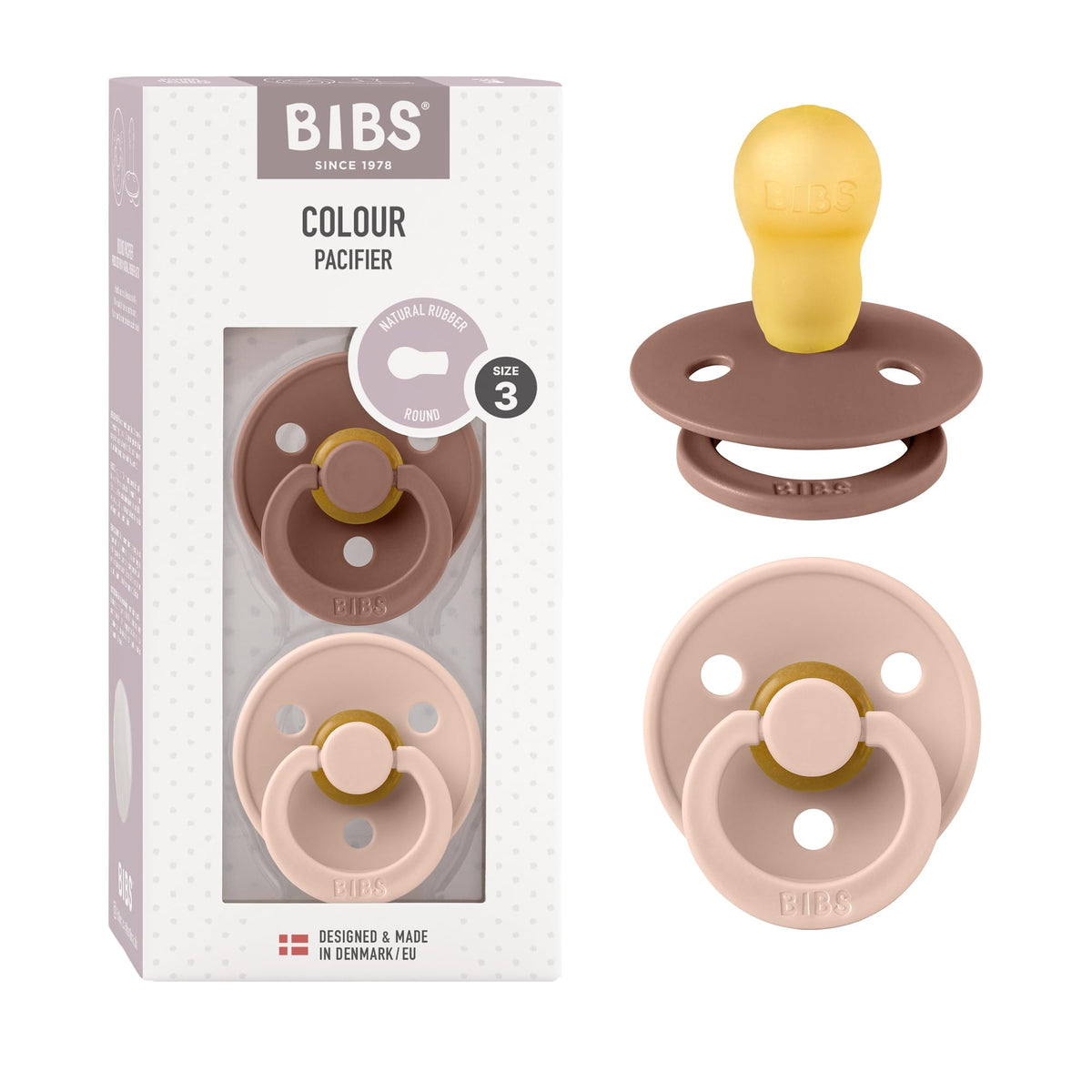 BIBS Colour Soother 2-Pack, BPA Free Dummy Pacifier, Round Nipple. Natural Rubber Latex, Made in Denmark, Size 2 (6-18 Months), Baby Blue