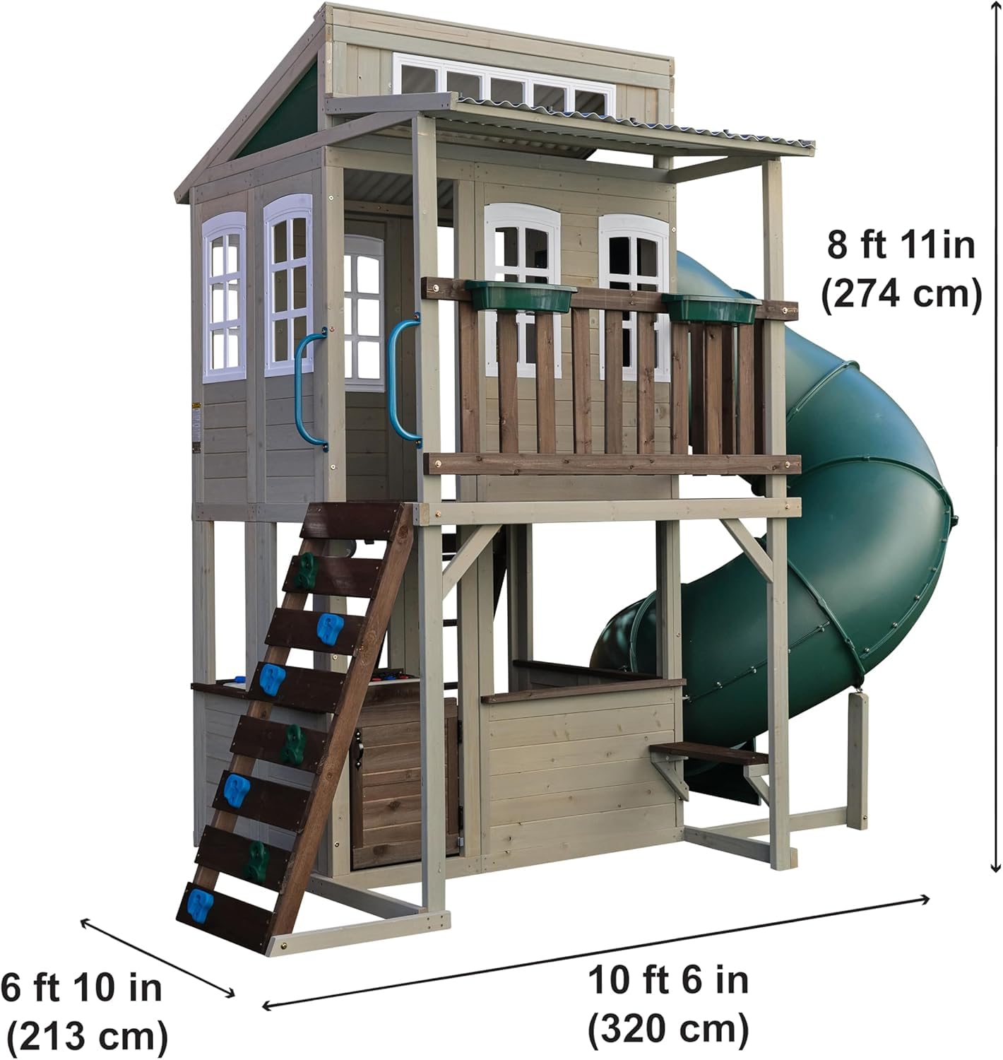 KidKraft Wooden Playhouse with Tube Slide – 2 Storey Outdoor Playground for Kids, Climbing Frame with Turbo Tube Slide & Rock Wall, Garden Play Tower