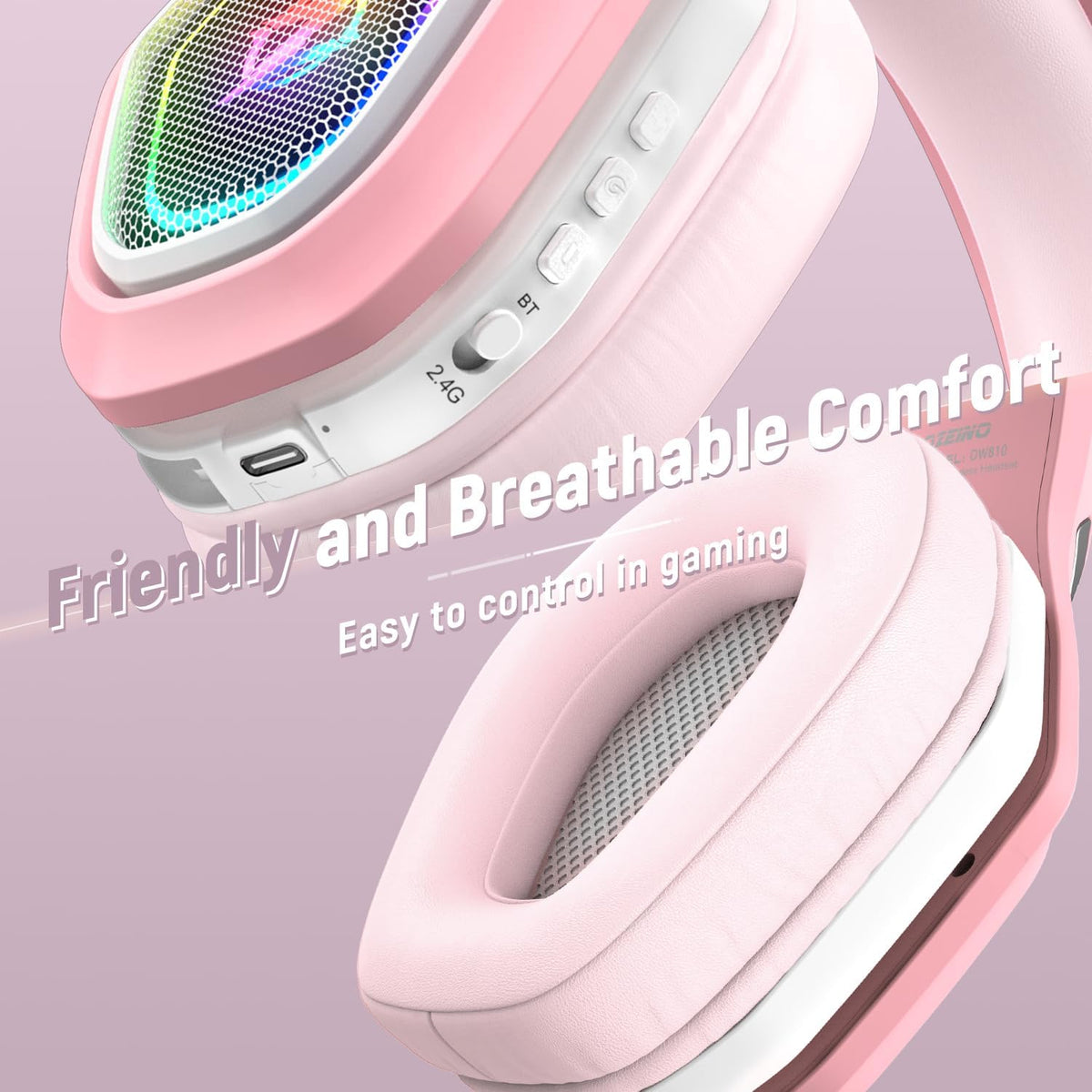 Ozeino Wireless Gaming Headset with Microphone, 2.4G & Type C Transmitter - 40h Battery Life - RGB Lighting Gaming Headphones for Ps5, Ps4, PC, Switch, Phone (Pink)