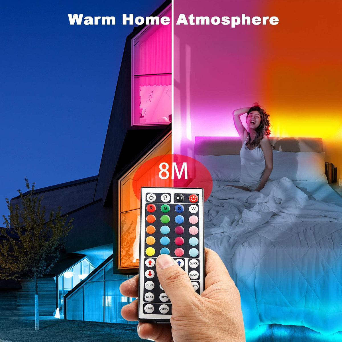 phopollo 5m RGB LED Strip Lights with Remote for Bedroom, Party.24V 5050 RGB, 44-Key Remote, Flexible Adhesive, Bedroom/Party Use
