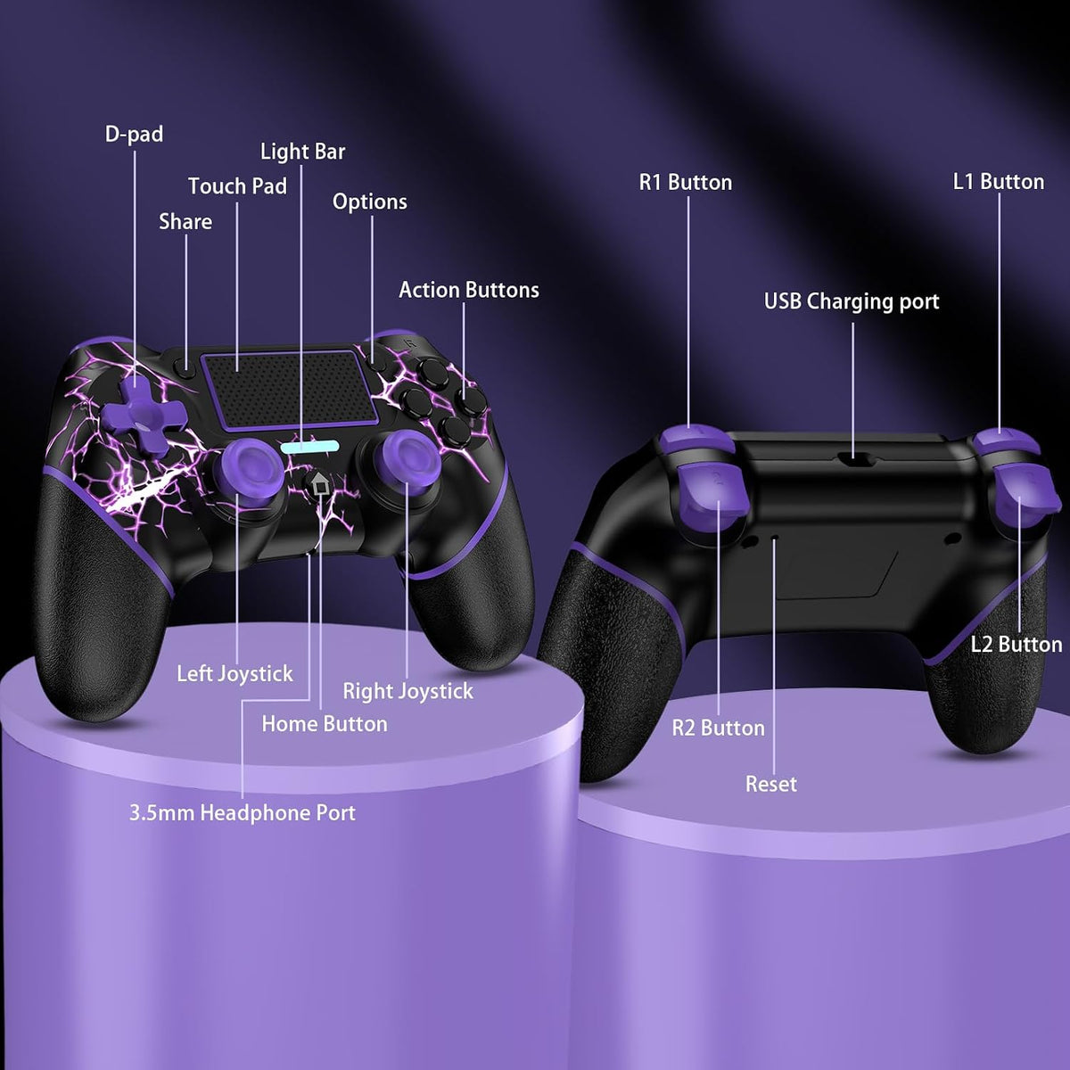 Reddening for PS4 Controller 2 Pack, Controller PS4 for PS4/Pro/Slim/PC, Gamepad Joystick with Turbo/Back Button/Dual Vibration/6-Axis Gyro Sensor/Touch Panel (2 printed purple)