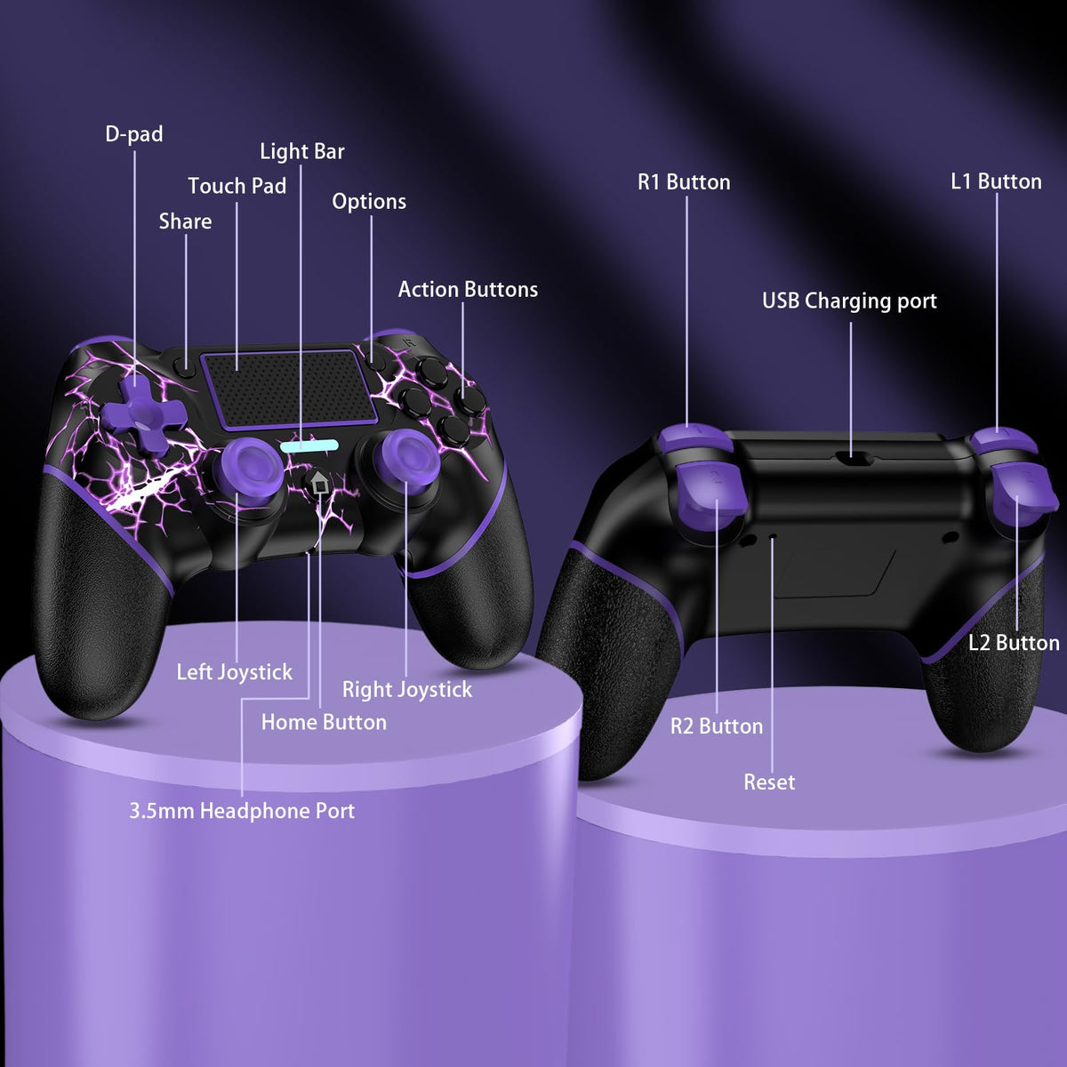 Reddening for PS4 Controller 2 Pack, Controller PS4 for PS4/Pro/Slim/PC, Gamepad Joystick with Turbo/Back Button/Dual Vibration/6-Axis Gyro Sensor/Touch Panel (2 printed purple)