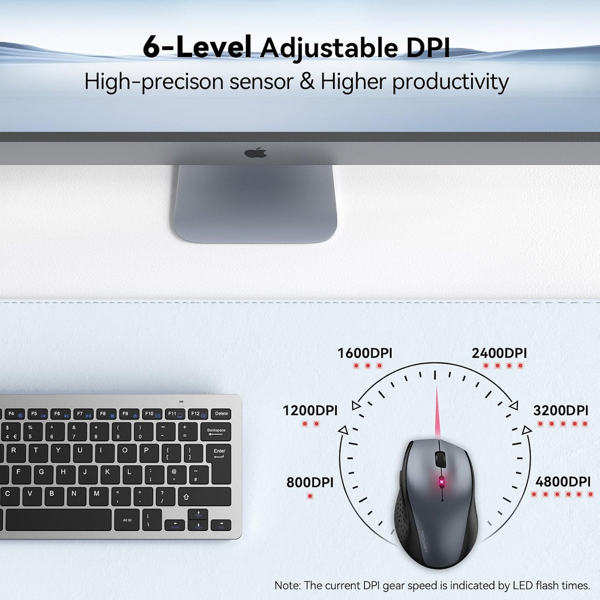 TECKNET Wireless Mouse for Laptop, 4800 DPI Optical Computer Mice with 6 Adjustable Levels, 30 Months Long Battery Life 2.4G Cordless USB Silent Mouse for Notebook, PC, Office Home Work -Grey