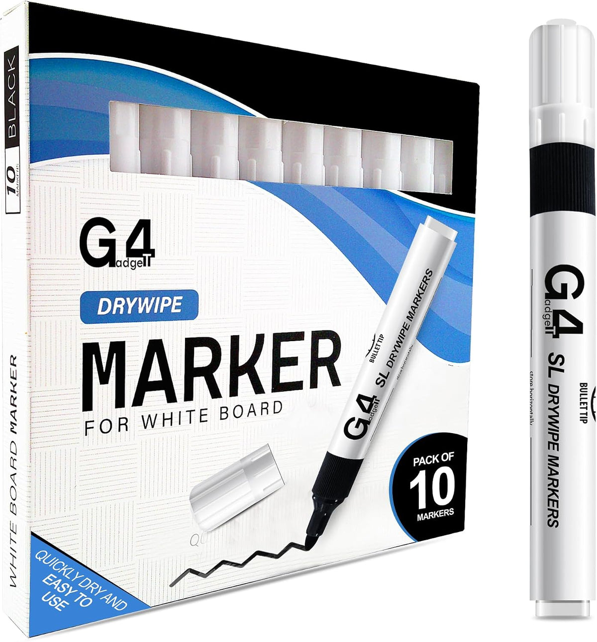 G4GADGET Nice Style Pack of 10 Non-Toxic Ink Black Colour Whiteboard Dry Wipe Marker Pens Bullet Tip