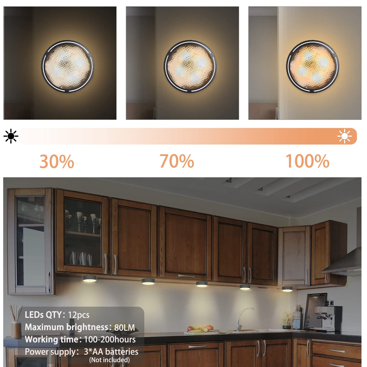 Under Cabinet Lights, Wireless LED Puck Lights Remote Control, 4000K Natural White Brightness Dimmable Battery Powered Touch Closet Cupboard Kitchen Wardrobe Lights, 6 Pack (White)