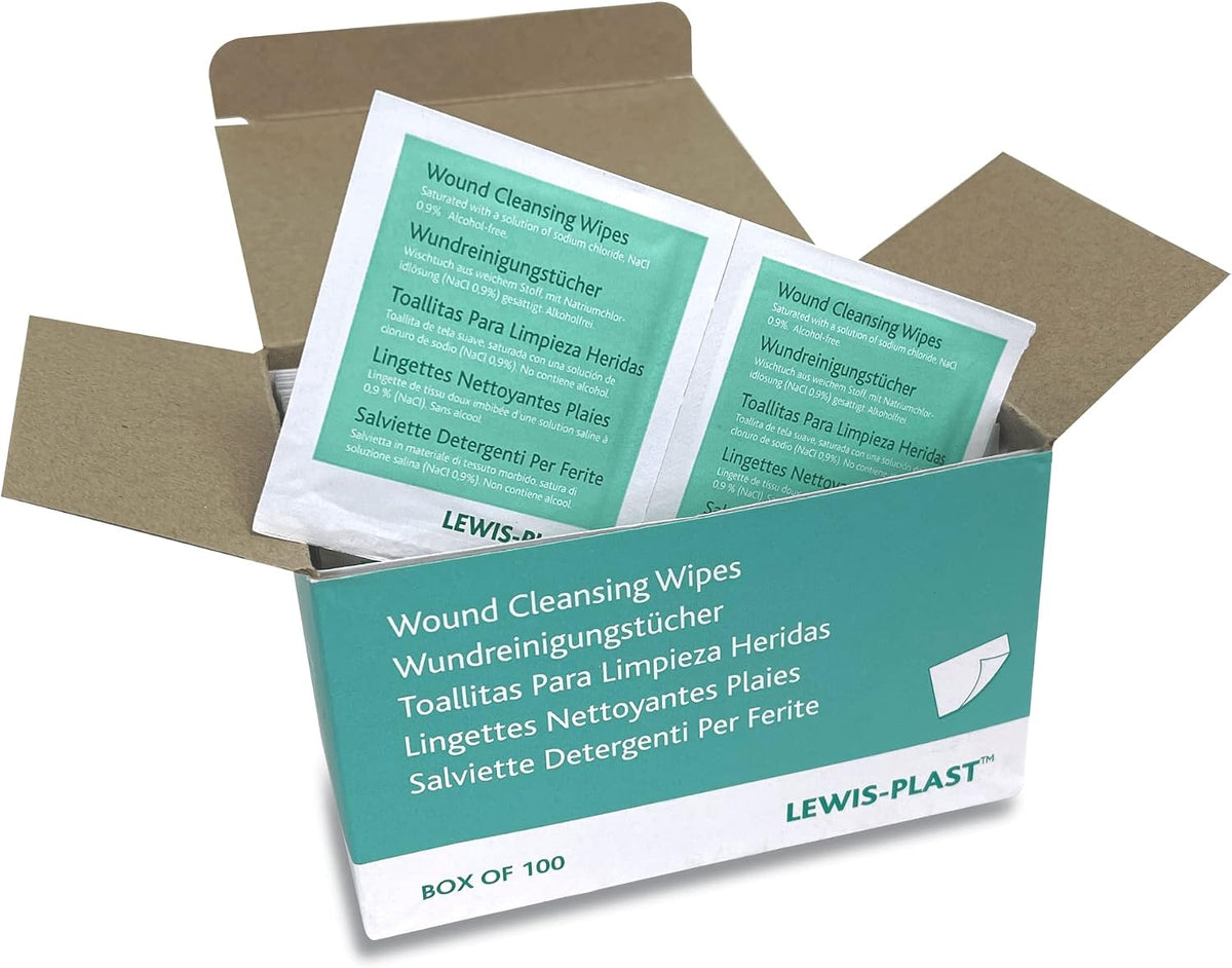 Lewis-Plast Alcohol-Free Sterile Saline Wipes, First Aid Wound Cleansing Wipes for Cuts, Grazes & Minor Injuries, Individually Wrapped, Box of 100