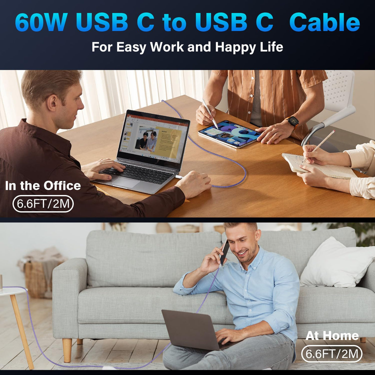USB C to USB C Charger Cable, 2M 60W Type C Cable Lead Fast Charging, Phone Charger USB C iPhone Cable for Apple iPhone 18 17 16 Series MacBook iPad Pro/Air Samsung Galaxy S26/S25 Google Pixel 2Pack