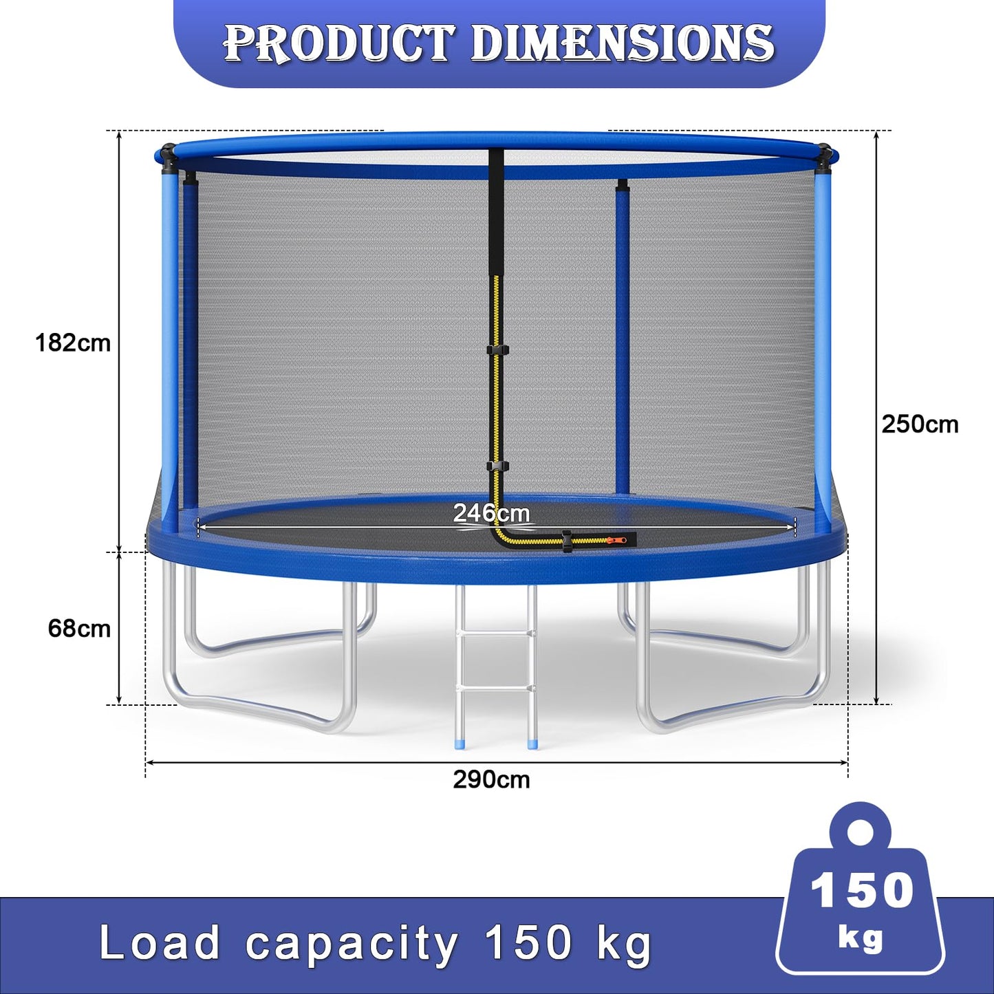 JUMMICO 12ft Outdoor Garden Trampoline with Safety Enclosure Net — 36 Galvanised Springs