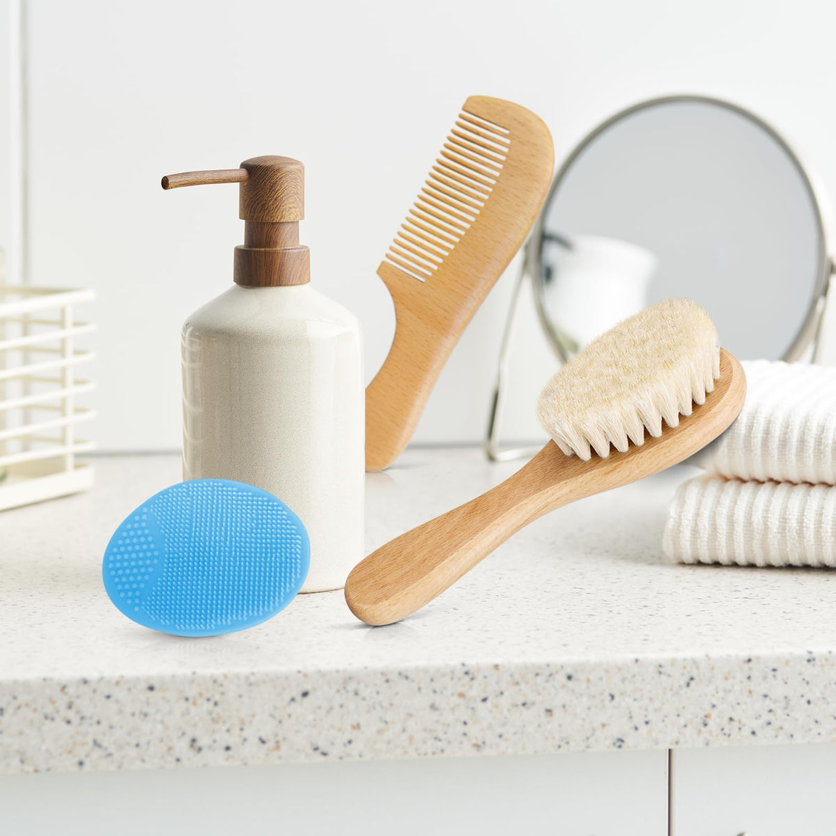 3PCS Baby Hair Brush with Wooden Handle and Comb Set for Newborns & Toddlers | Natural Soft Goat Bristles l Wood Comb l Green Cradle Cap Brush | Ideal for Cradle Cap