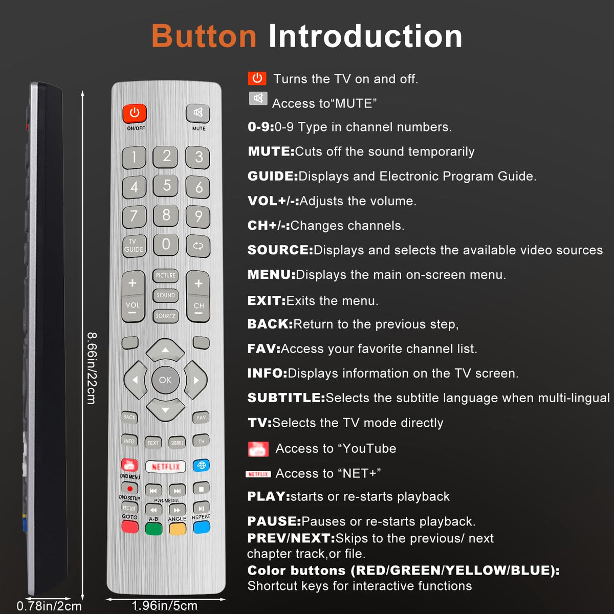 Hisense TV Remote Control, Universal Remote Control Replacement for Hisense VIDAA 4K UHD Smart TV with 12 Shortcut Buttons, No Setup Required