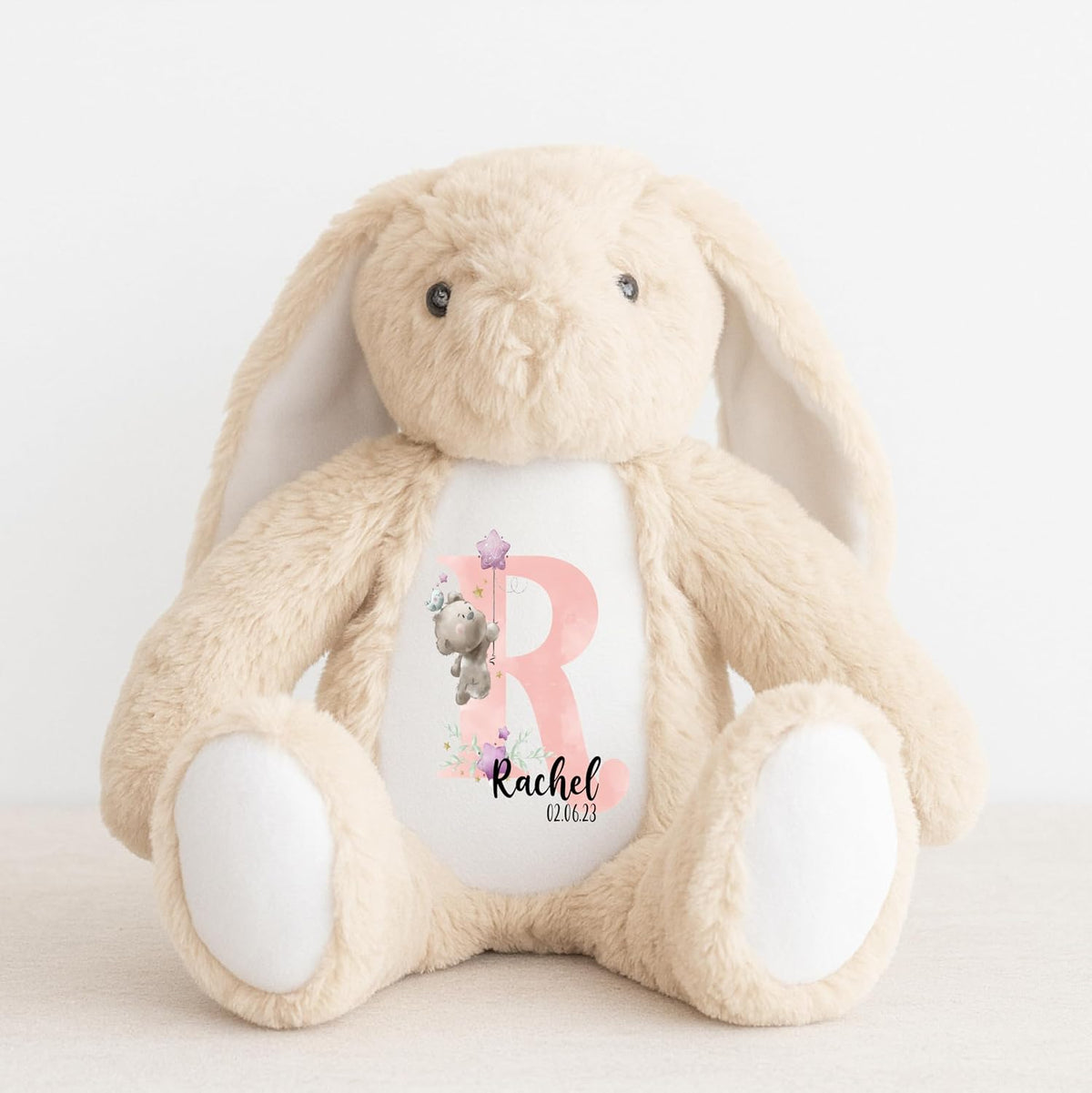 Crafted Memories - Personalised Teddy | Velveteen Bunny Soft Toy | Customisable Name for Newborns | Keepsake for Boys & Girls | Baby Shower Item | Pink Initial | Grey or White, 20-23cm