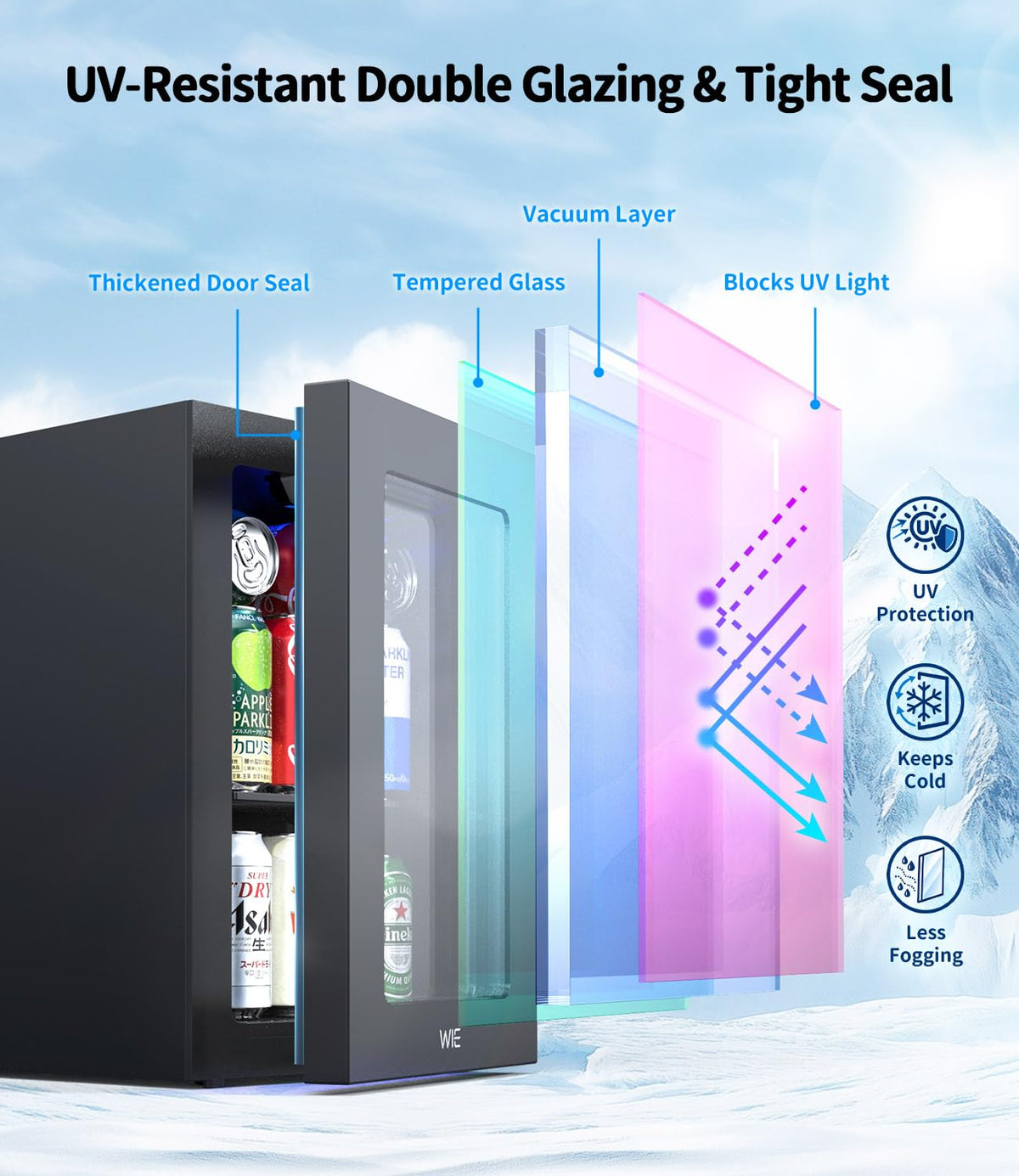 WIE 48L Drinks Fridge with Glass Door, Beer Fridge for 68 Cans or 12 Wine Bottles, Mini Fridge 4-16°C Touch Control, Quiet Beverage Refrigerators with LED Light, Reversible Door for Home, Bar, Office