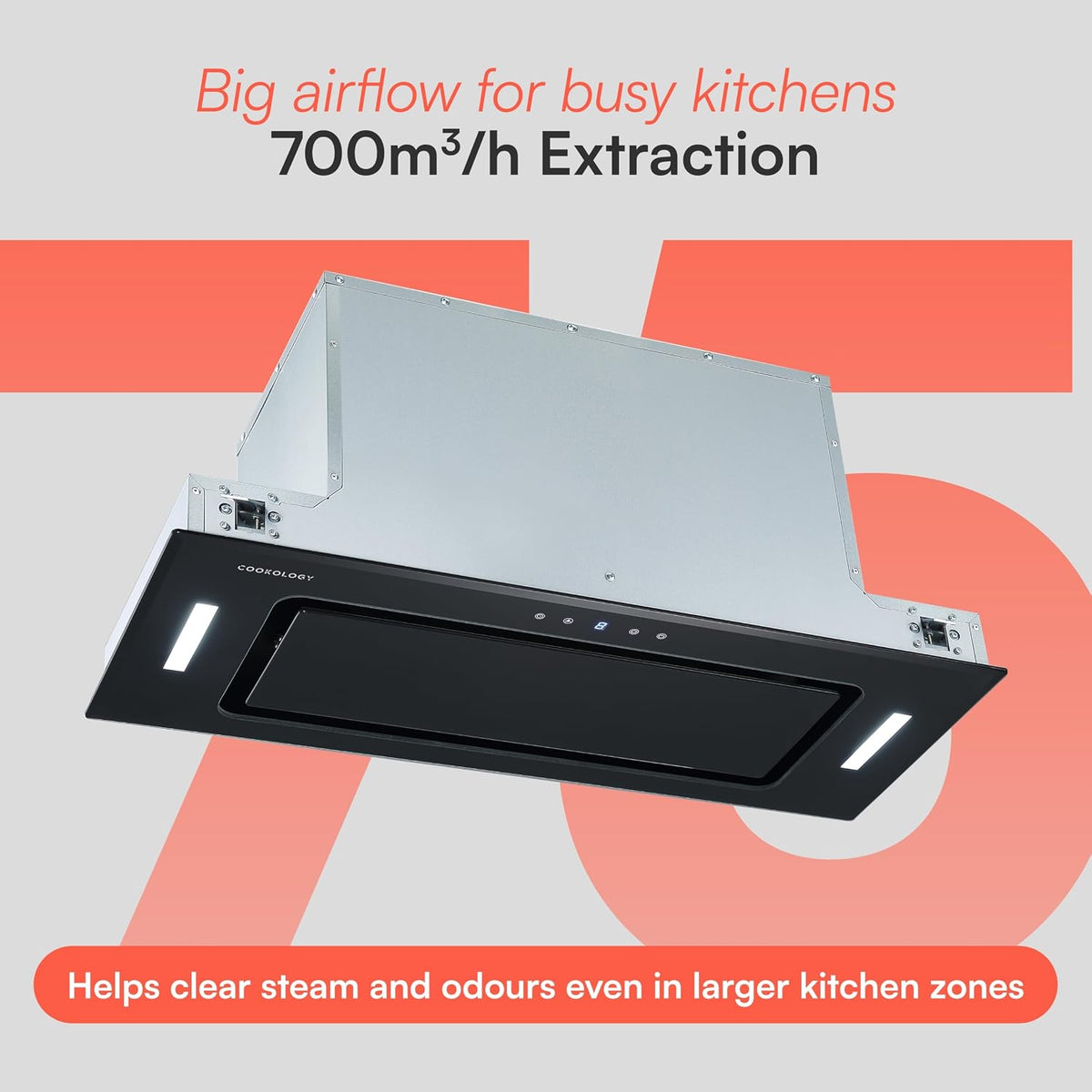 Cookology BUGL750BK Integrated Extractor Fan Cooker Hood in Black - 75cm Width - Built-in Cupboard Glass Canopy - Touch Controls - 2 LED Lights - Switch-off Timer - 3 Speed Settings - A+ Rated