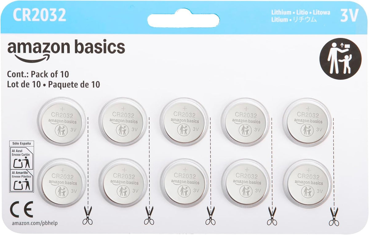 Amazon Basics 10-Pack CR2032 Lithium Coin Cell Battery, 3 Volt, Long Lasting Power, Mercury-Free