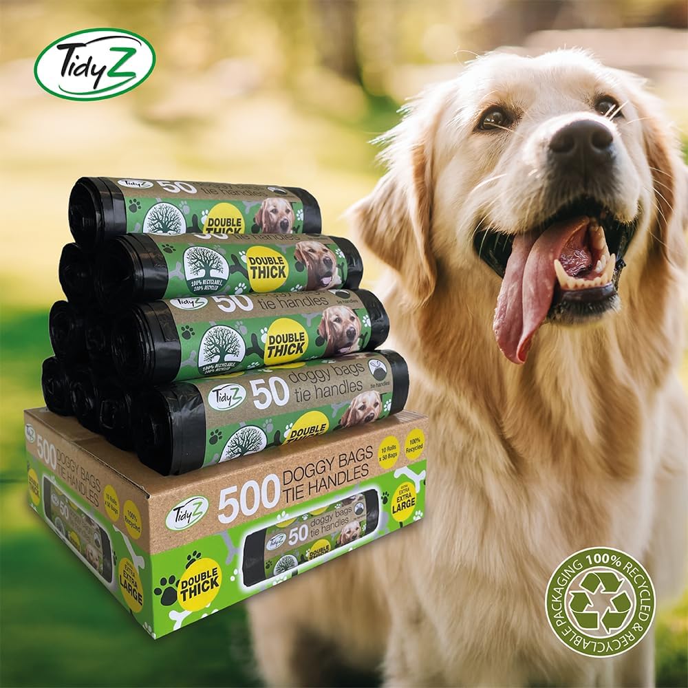 500 TidyZ Dog Poo Bags. Made from 100% Recycled Plastic. Extra Strong, 30 × 36 cm Extra Large Pet Waste Bags. Tie Handles. On a Roll. Unscented. Leakproof. 10 rolls of 50