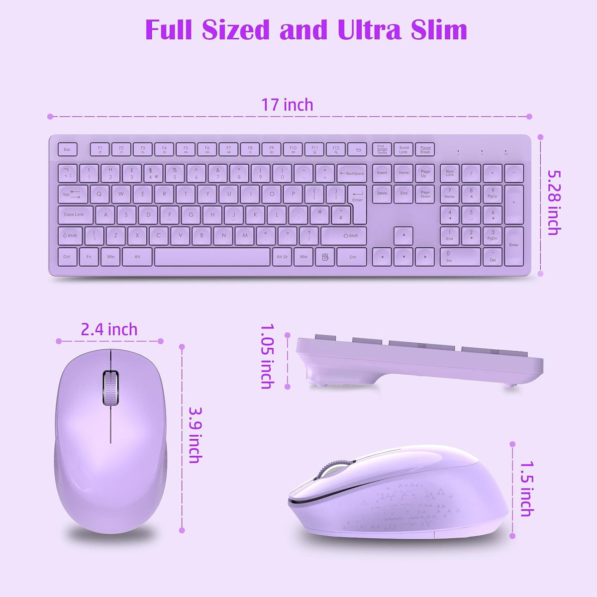 LeadsaiL Wireless Keyboard and Mouse Set, 2.4GHz USB Computer Keyboards and Mouse Combo, Full Size UK QWERTY Layout, Ergonomic Design with 12 Multimedia Shortcuts for HP/Lenovo Laptop and Mac-Purple