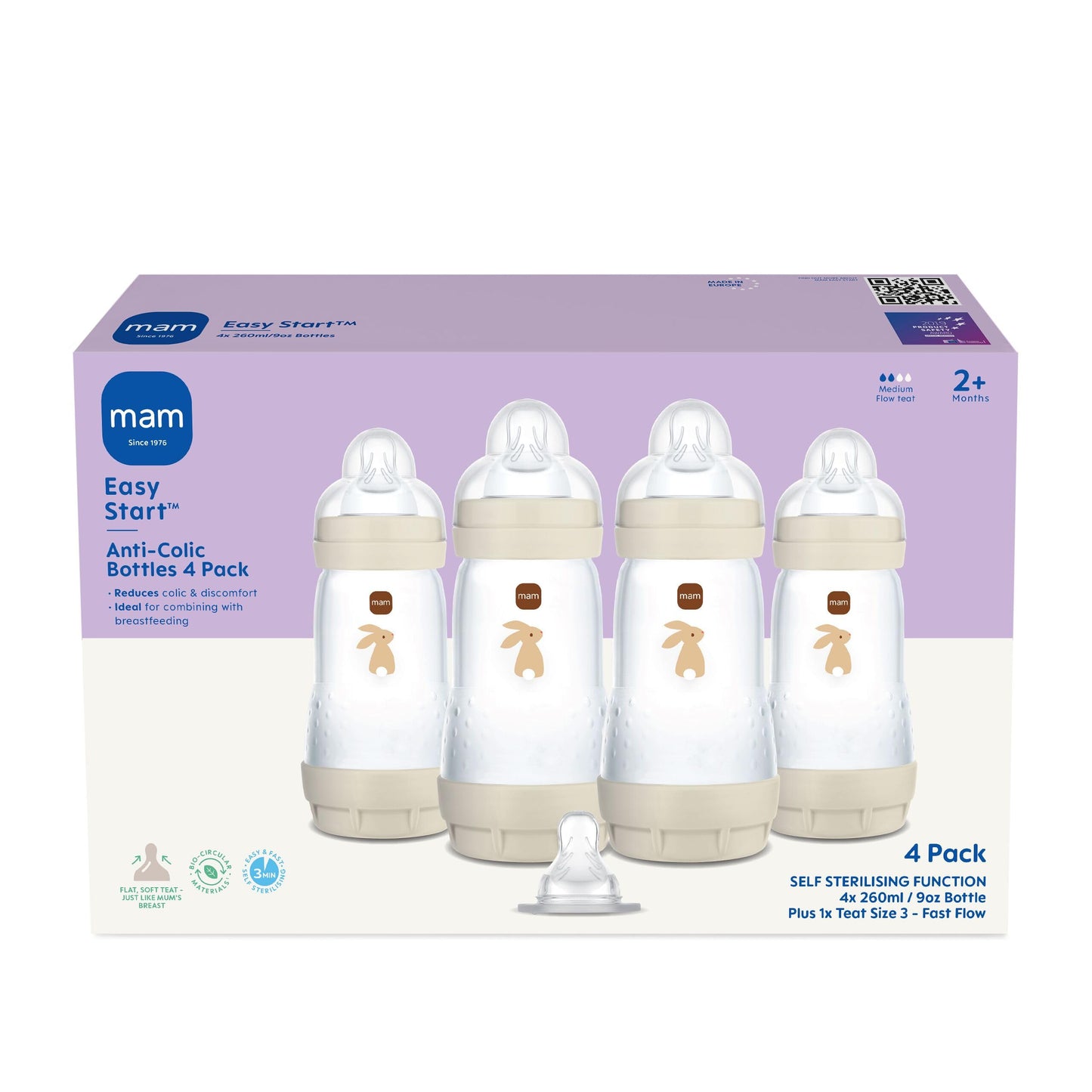 MAM Easy Start Anti-Colic Baby Bottles | 4 Pack (4X 260ml) | Self-Sterilising Baby Milk Bottle | Medium Flow MAM Teats Size 2 + 1x Fast Flow Teat Size 3 | Powder Blue (Various Designs)