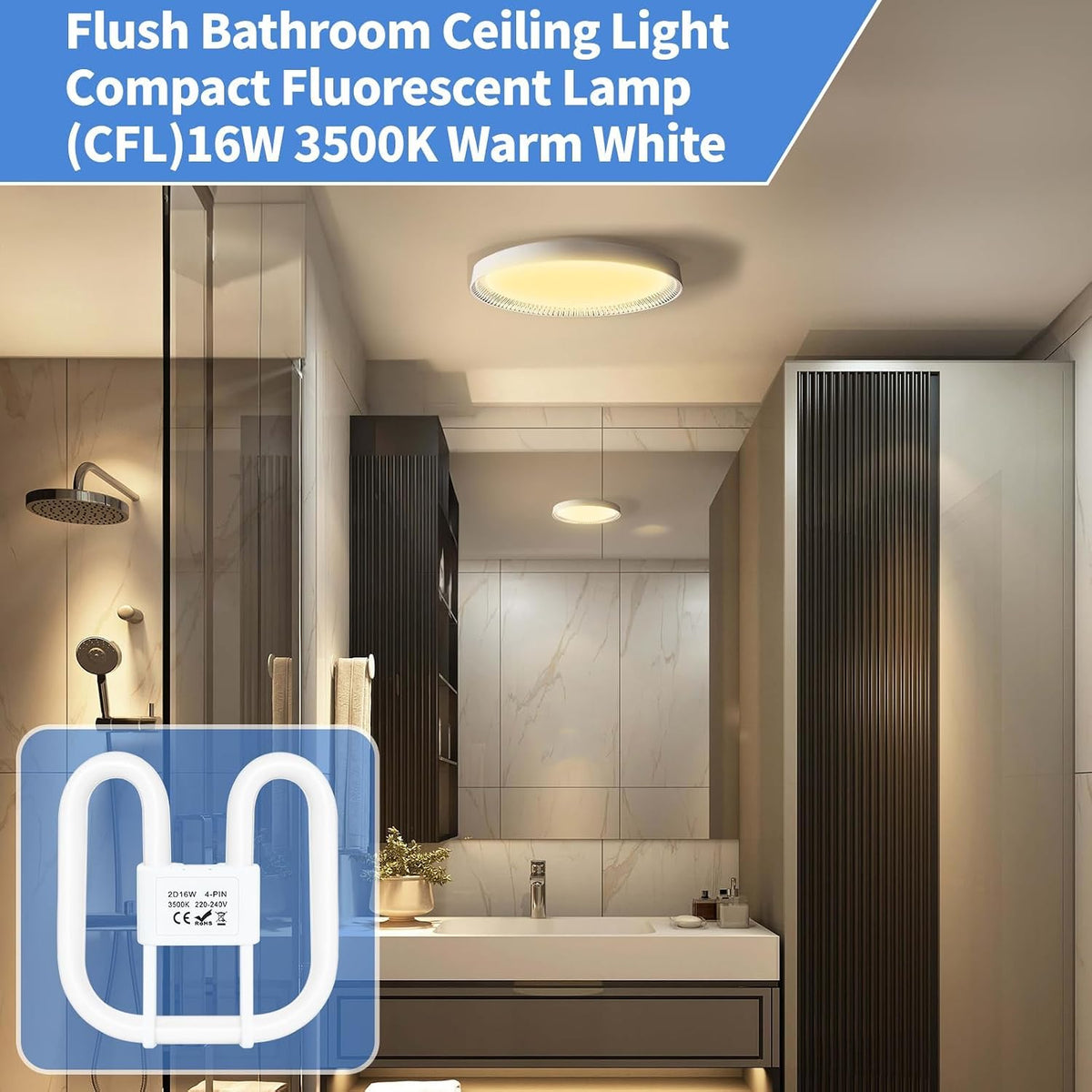 4-PIN 16W(Size: 13.3cm*13.3cm) GR10Q Compact Fluorescent Lamp Non-Dimmable Warm White 3500K, 4PIN (Not 2Pin) Recessed Ceiling Light, CFL Light Bulb, Low Energy Light Bulb, Suitable for Indoor Corrido